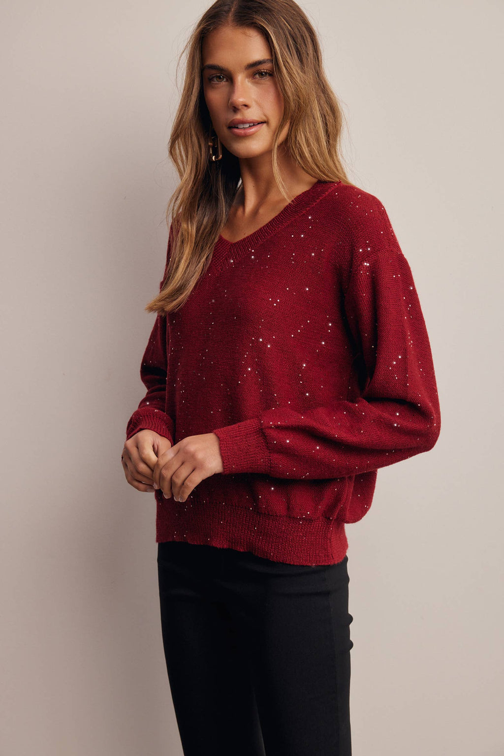 Sequin Embellished V-Neck Knit Sweater