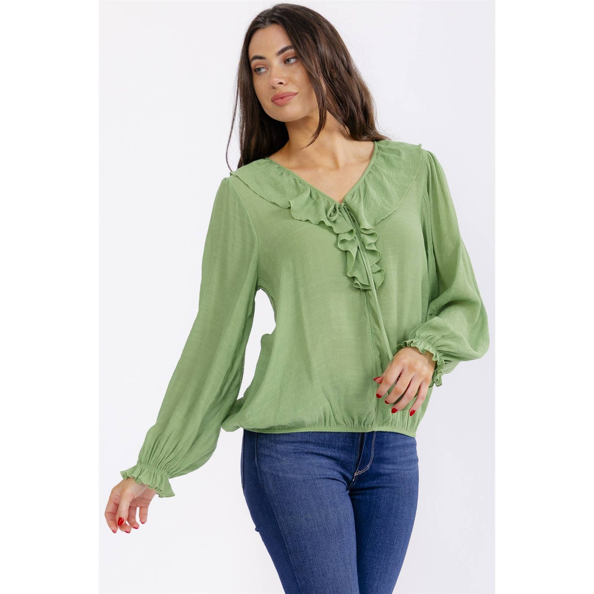 Gauze Ruffle Drawstring Blouse