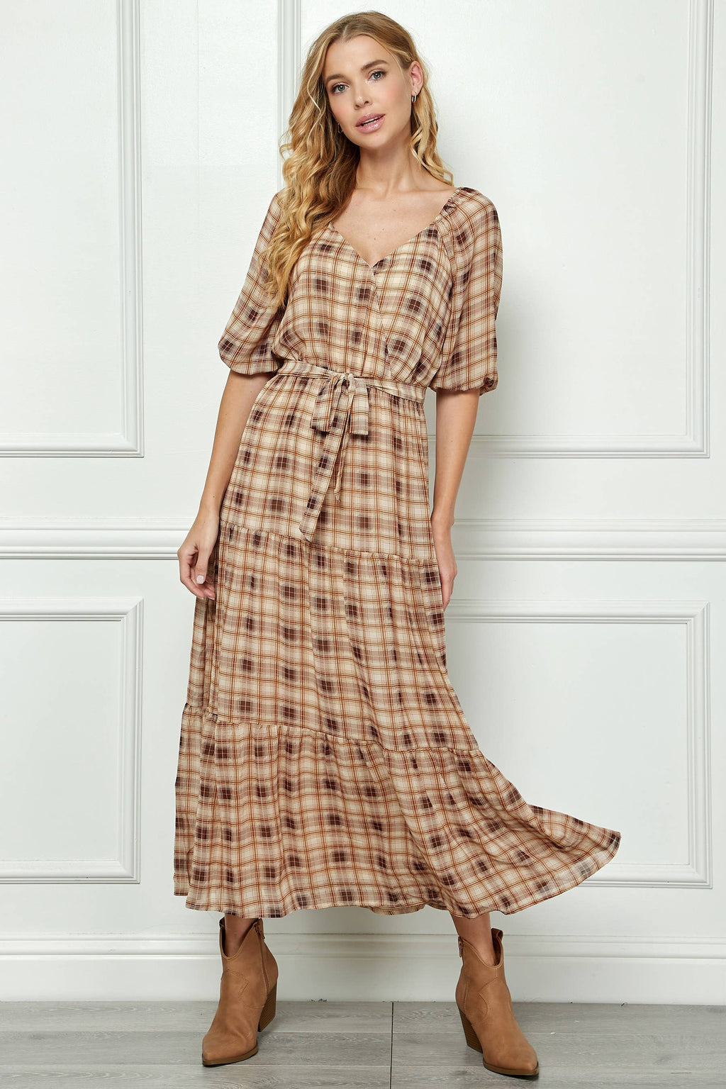 3/4 SIDE TIE RUFFLE HEM MAXI DRESS