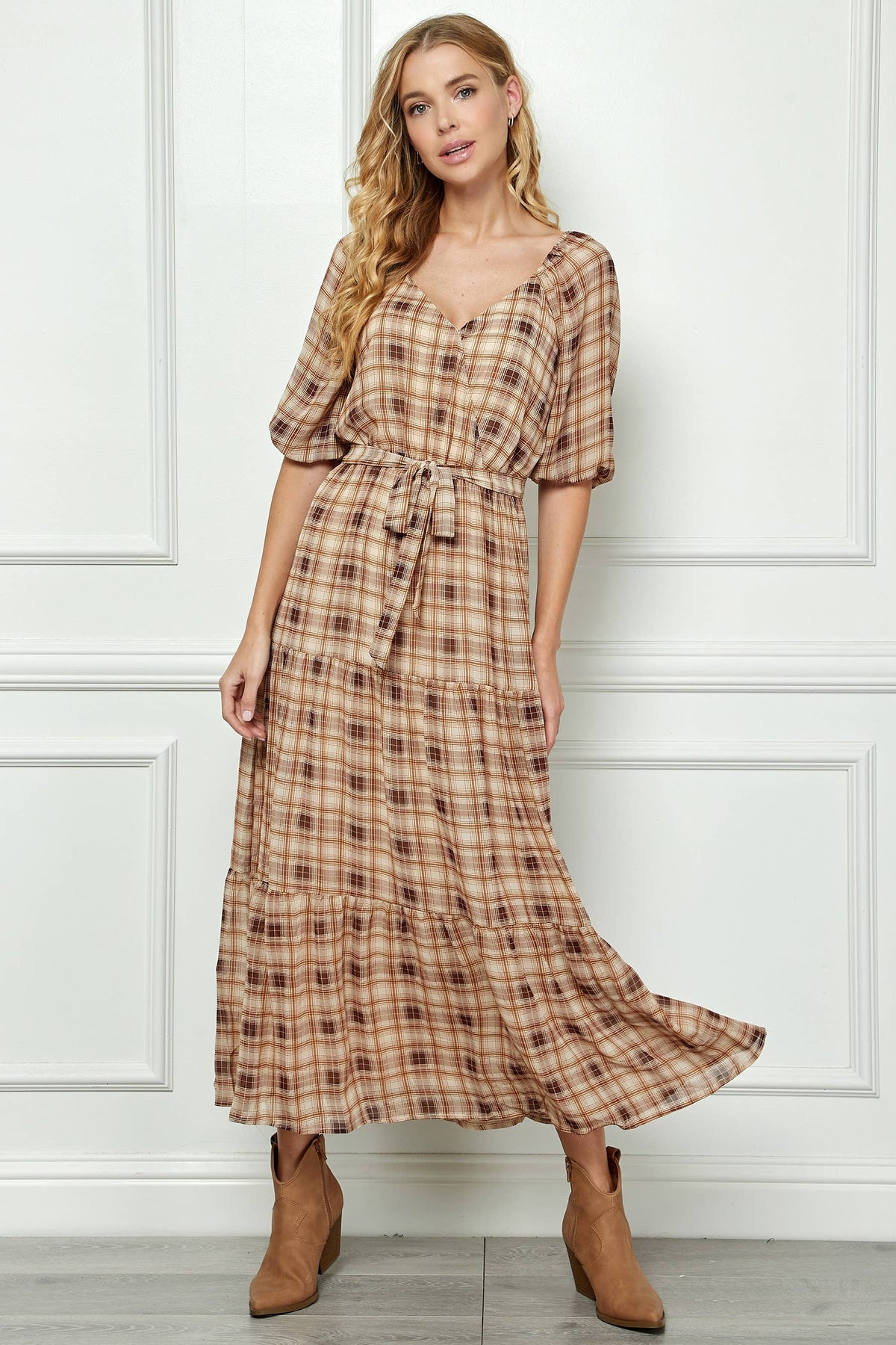 3/4 SIDE TIE RUFFLE HEM MAXI DRESS