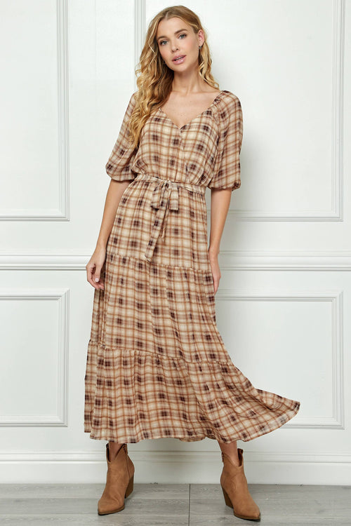 3/4 SIDE TIE RUFFLE HEM MAXI DRESS