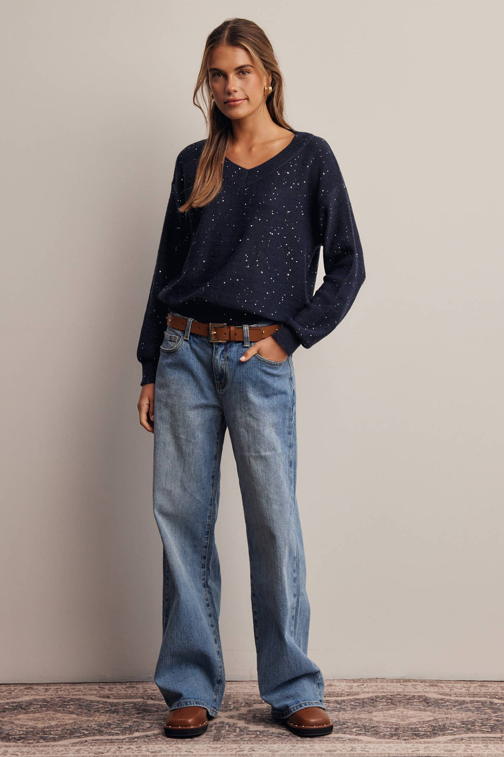 Sequin Embellished V-Neck Knit Sweater