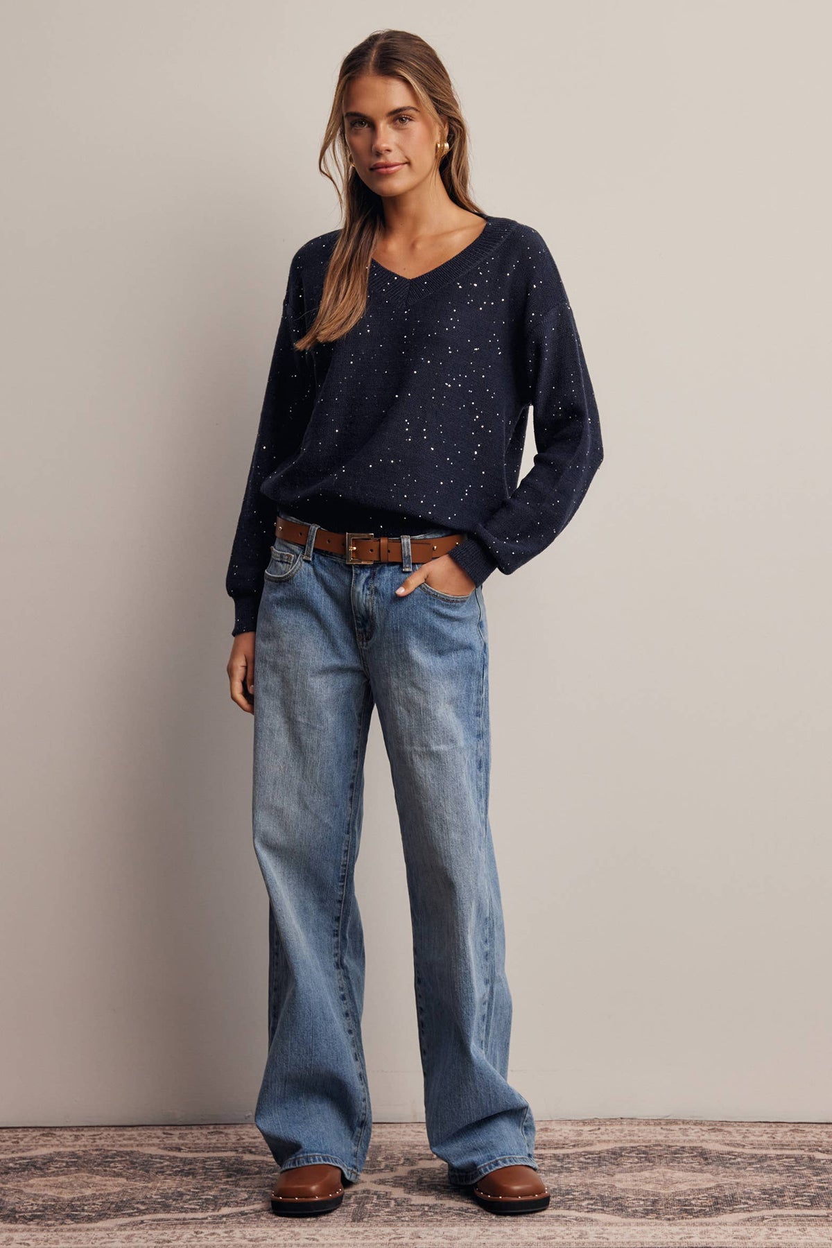 Sequin Embellished V-Neck Knit Sweater
