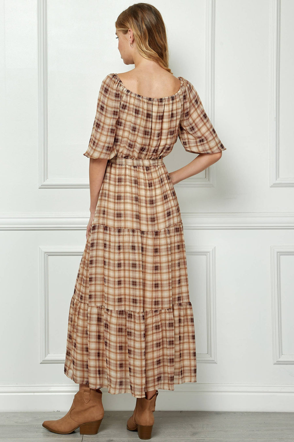 3/4 SIDE TIE RUFFLE HEM MAXI DRESS
