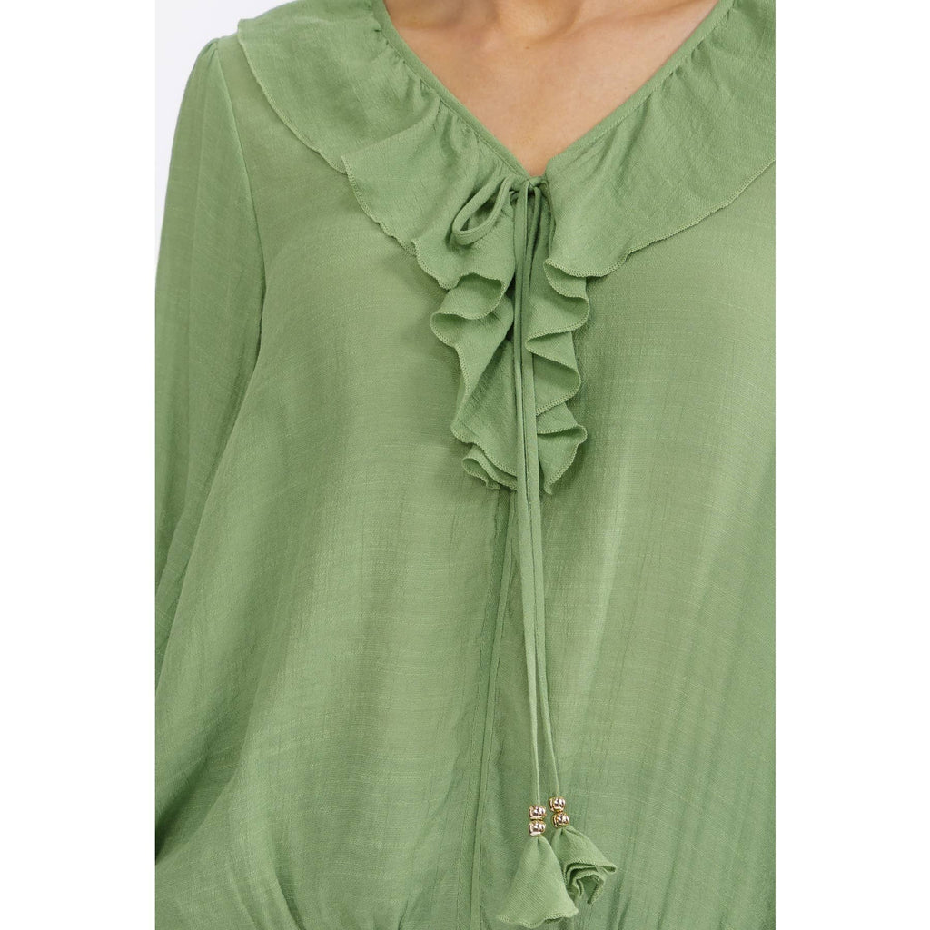 Gauze Ruffle Drawstring Blouse