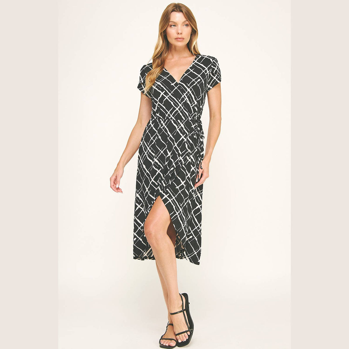 DAY TO NIGHT FAUX WRAP MIDI DRESS