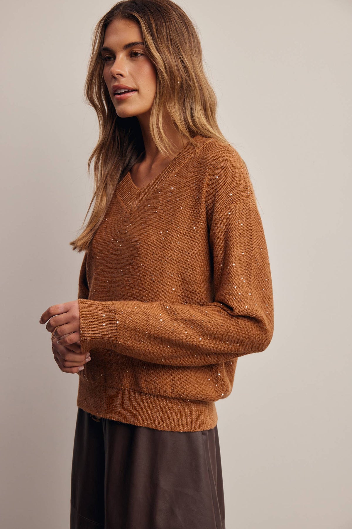Sequin Embellished V-Neck Knit Sweater