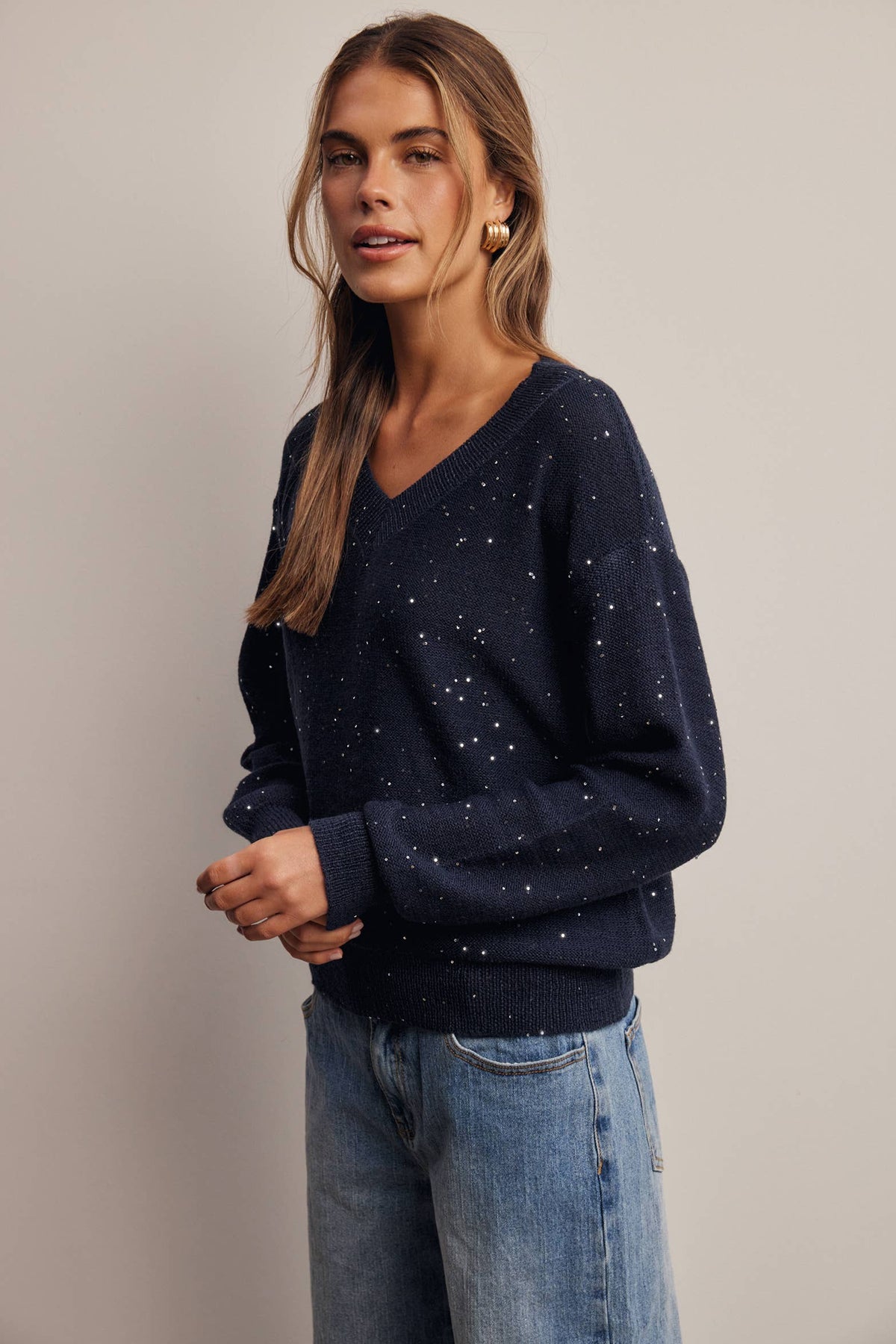 Sequin Embellished V-Neck Knit Sweater