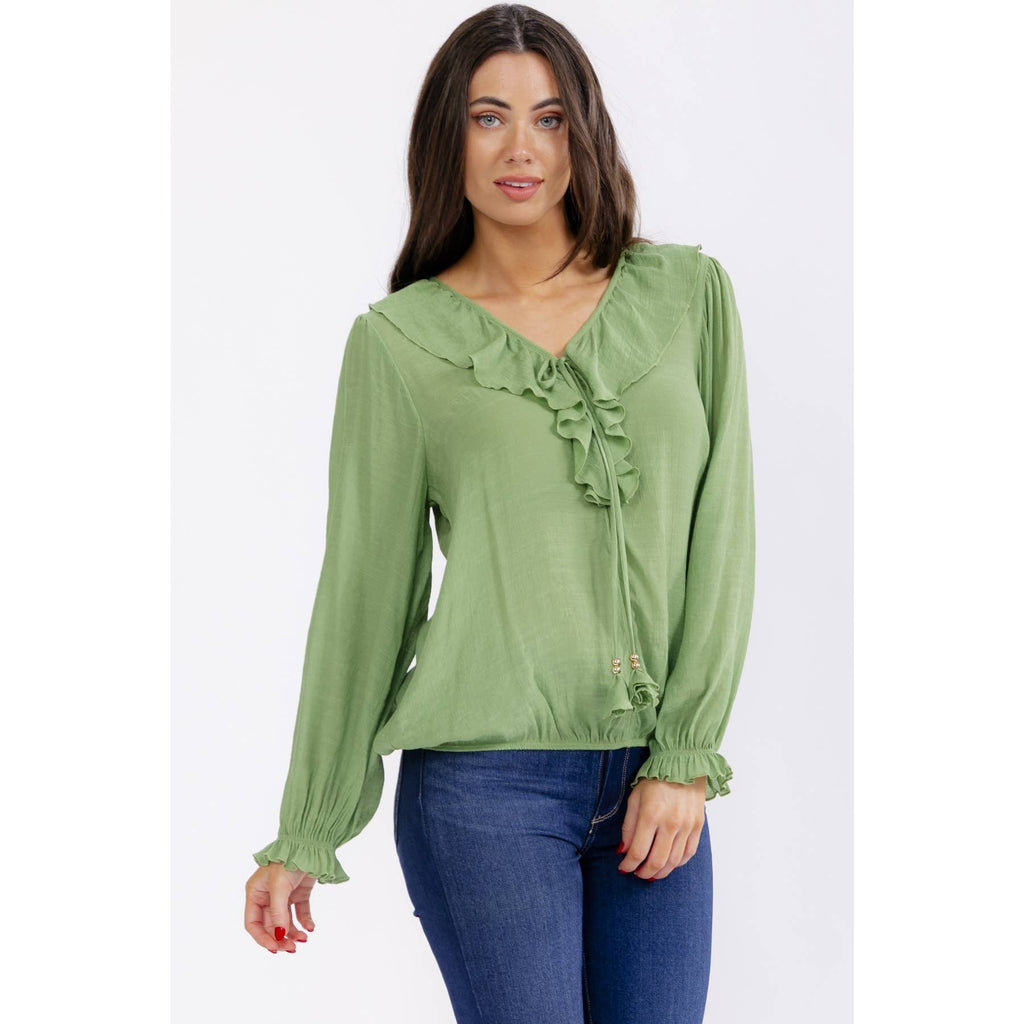 Gauze Ruffle Drawstring Blouse