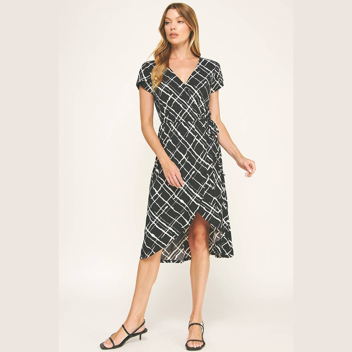 DAY TO NIGHT FAUX WRAP MIDI DRESS