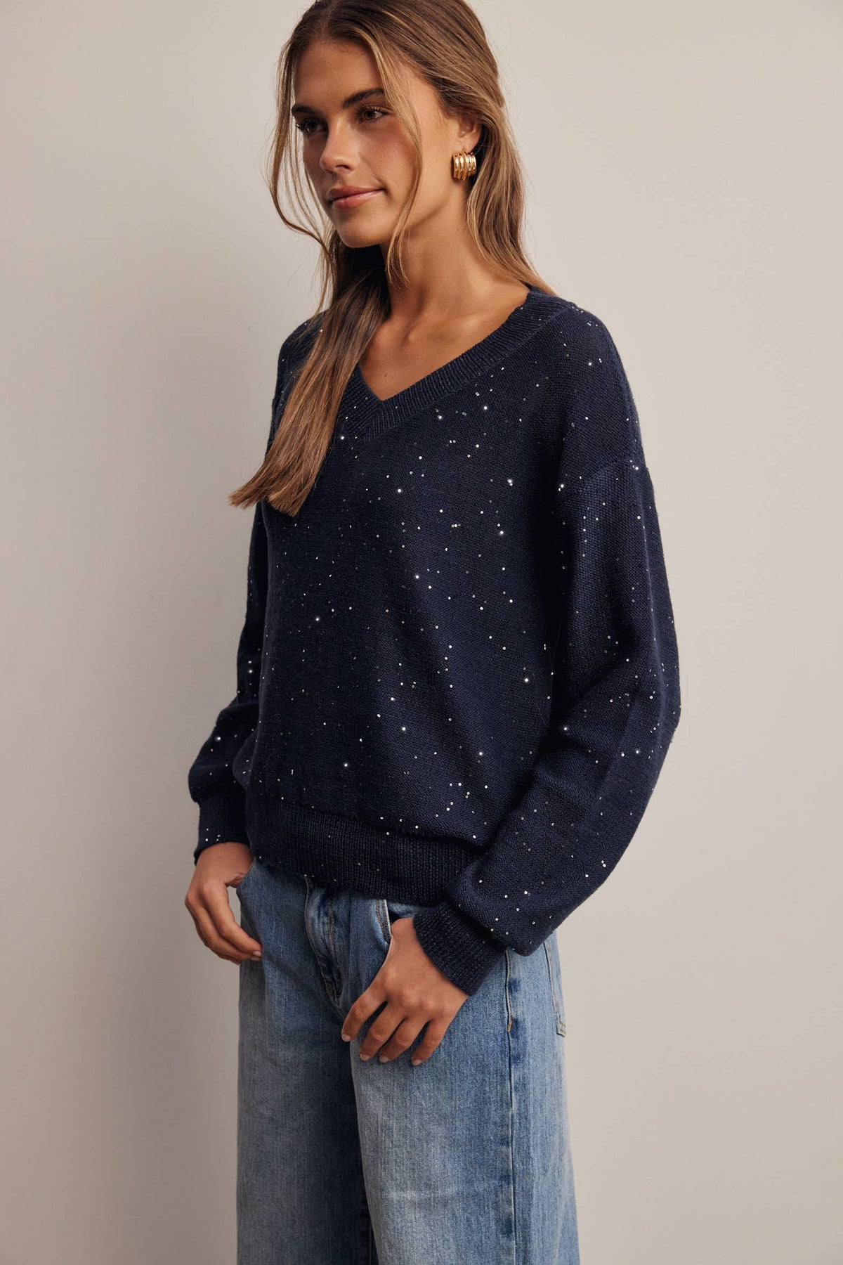 Sequin Embellished V-Neck Knit Sweater