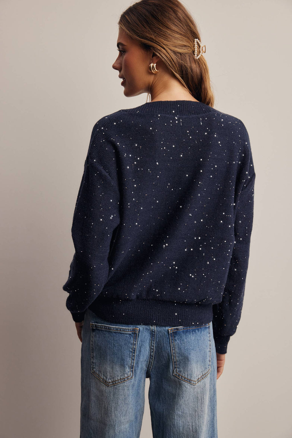 Sequin Embellished V-Neck Knit Sweater