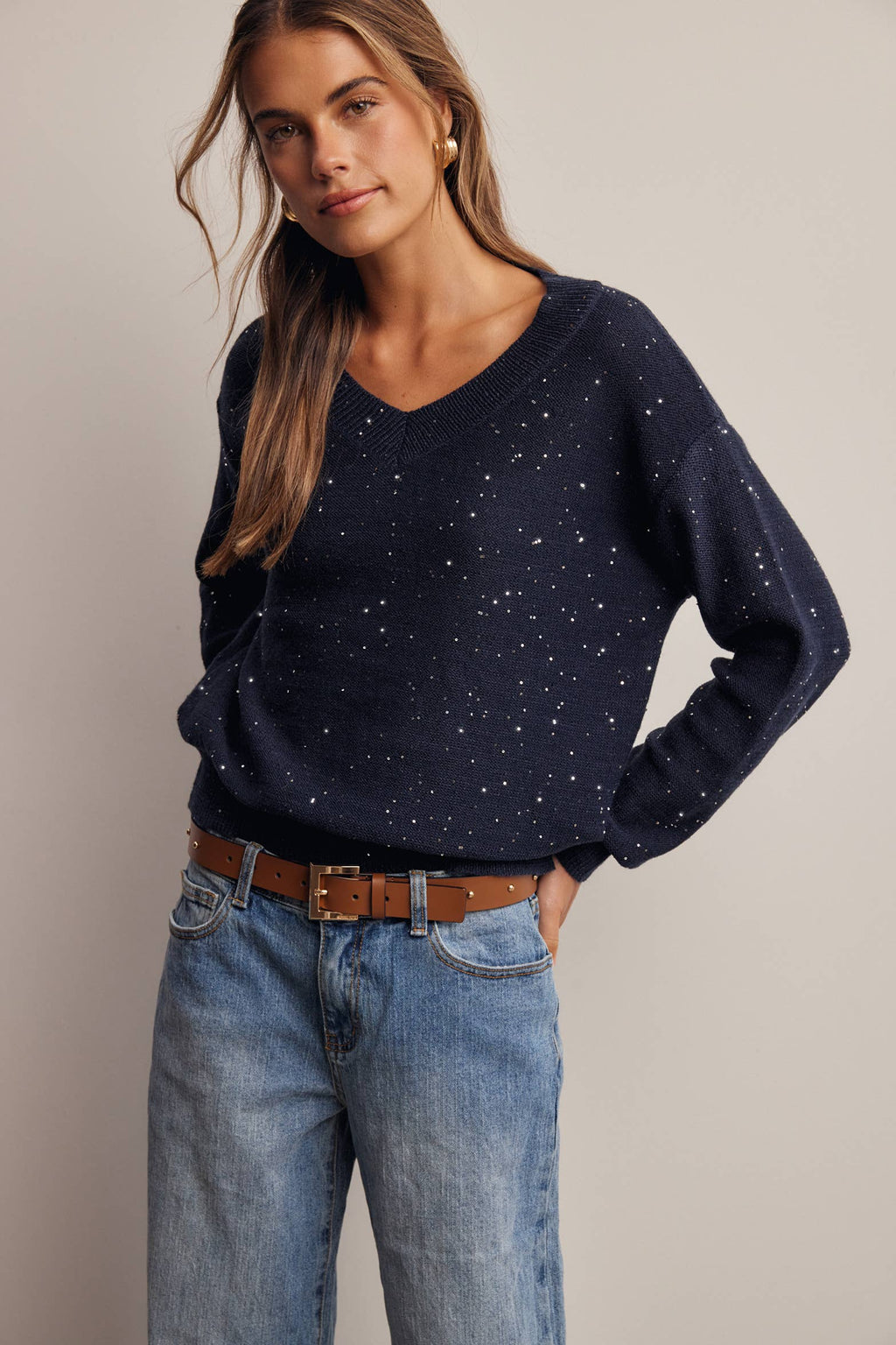 Sequin Embellished V-Neck Knit Sweater