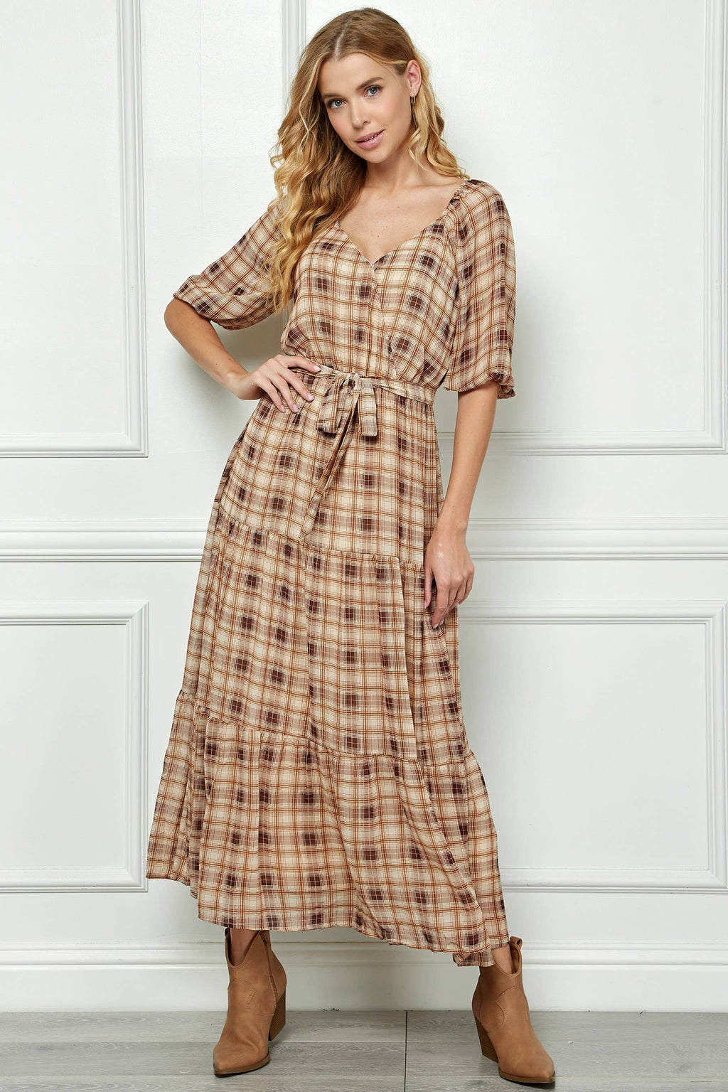 3/4 SIDE TIE RUFFLE HEM MAXI DRESS