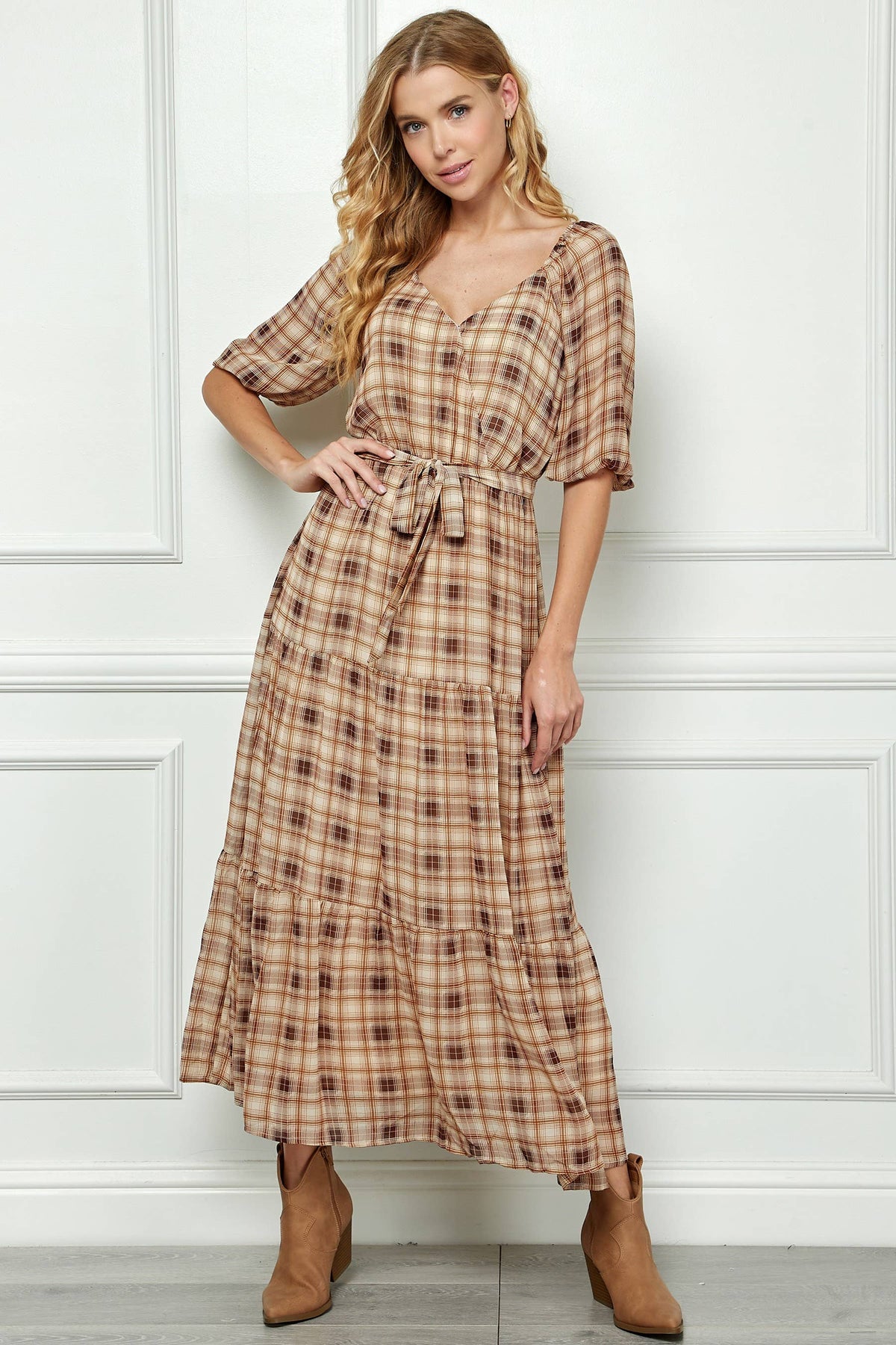 3/4 SIDE TIE RUFFLE HEM MAXI DRESS
