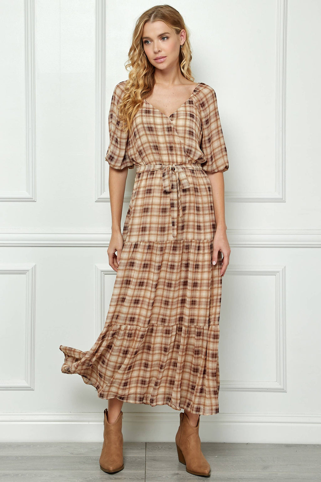 3/4 SIDE TIE RUFFLE HEM MAXI DRESS