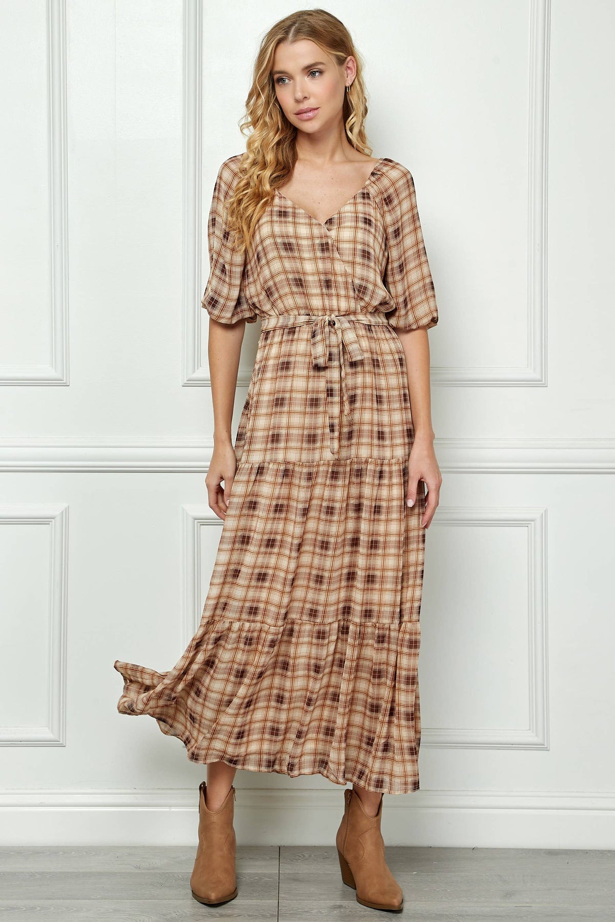3/4 SIDE TIE RUFFLE HEM MAXI DRESS