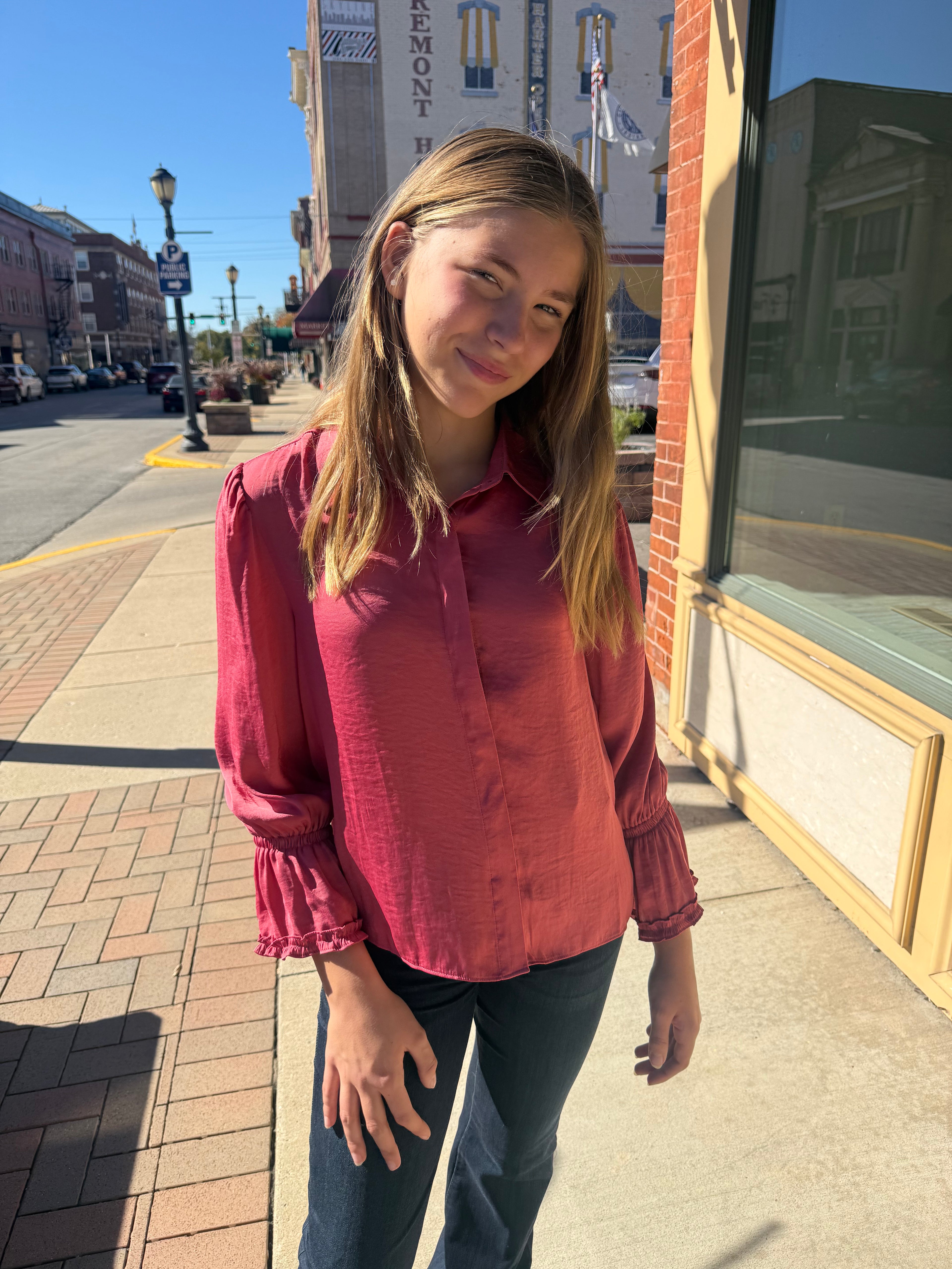 Ruffle Cuff Silky Button Up Blouse