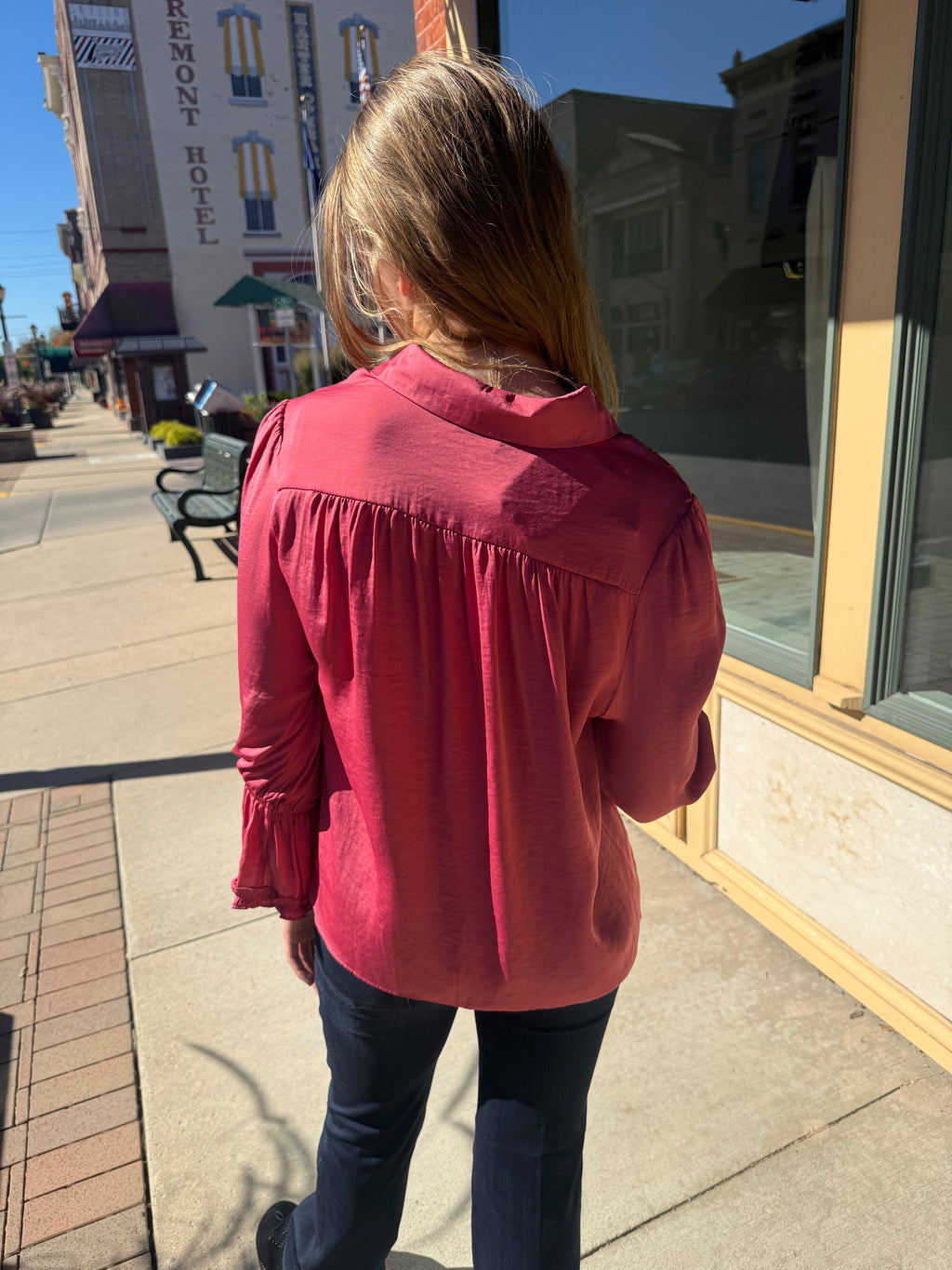 Ruffle Cuff Silky Button Up Blouse