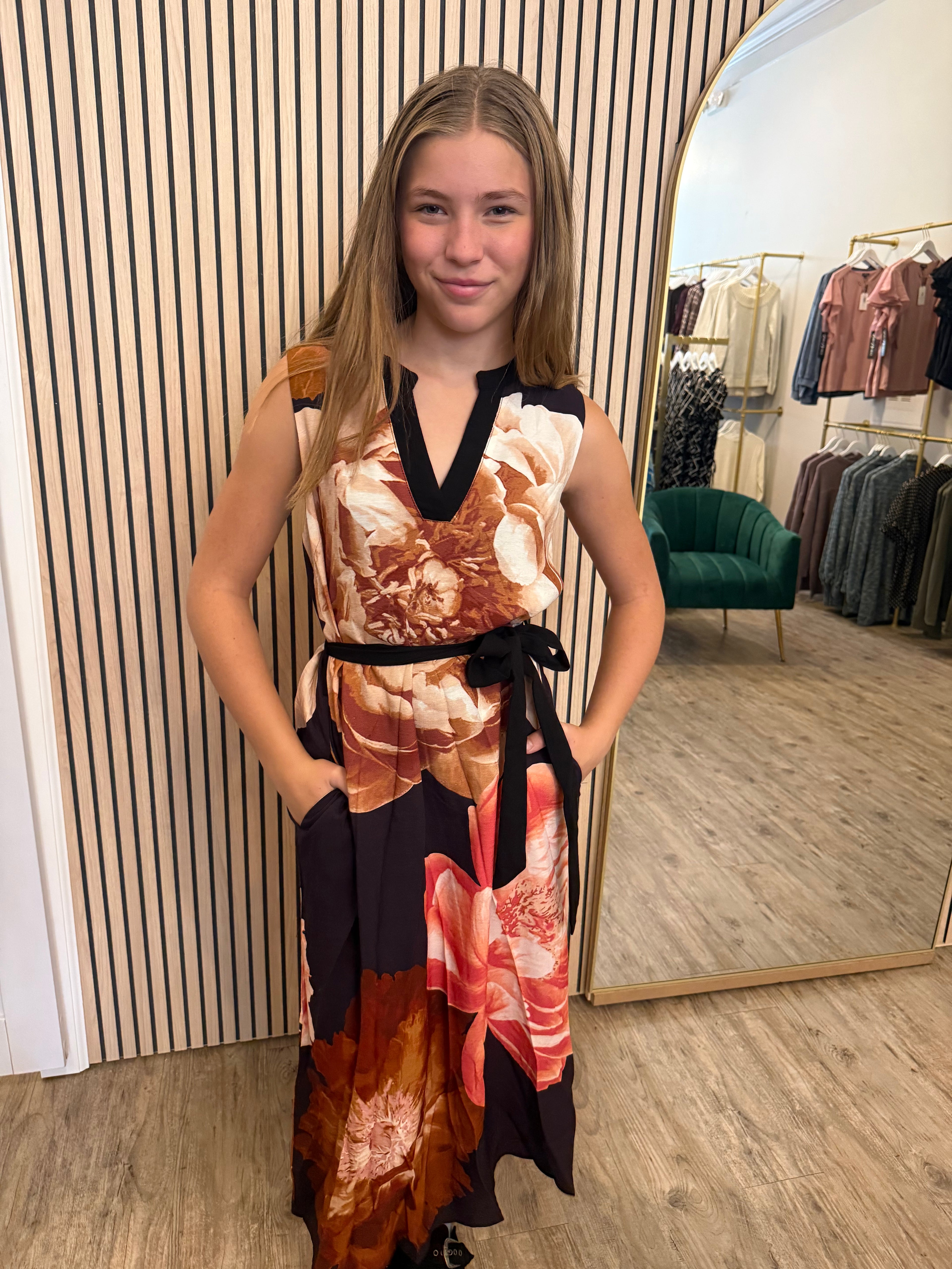 Floral Print Midi Dress/Tie Waist
