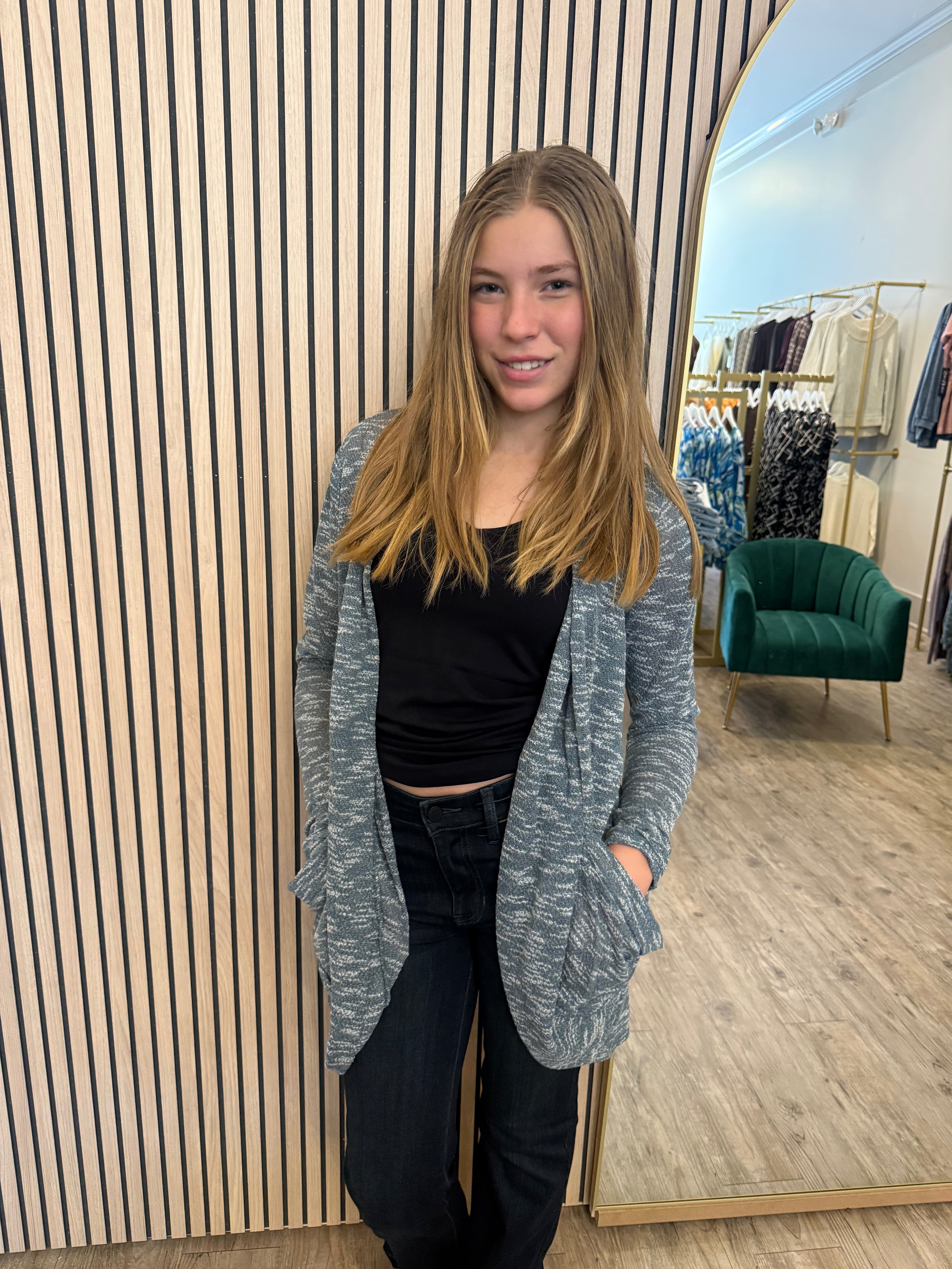 SHIRRED CARDIGAN TWO-TONE