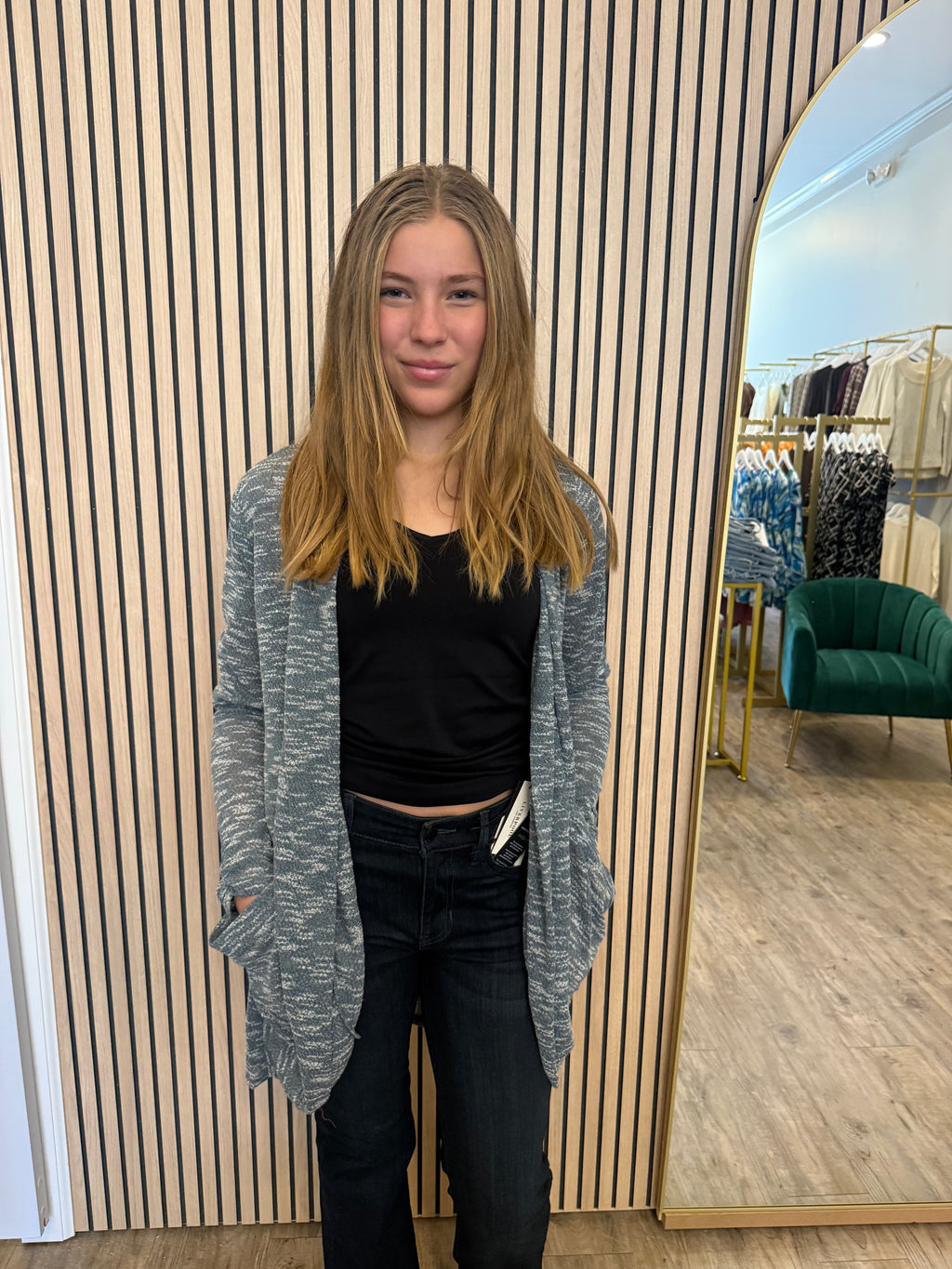 SHIRRED CARDIGAN TWO-TONE