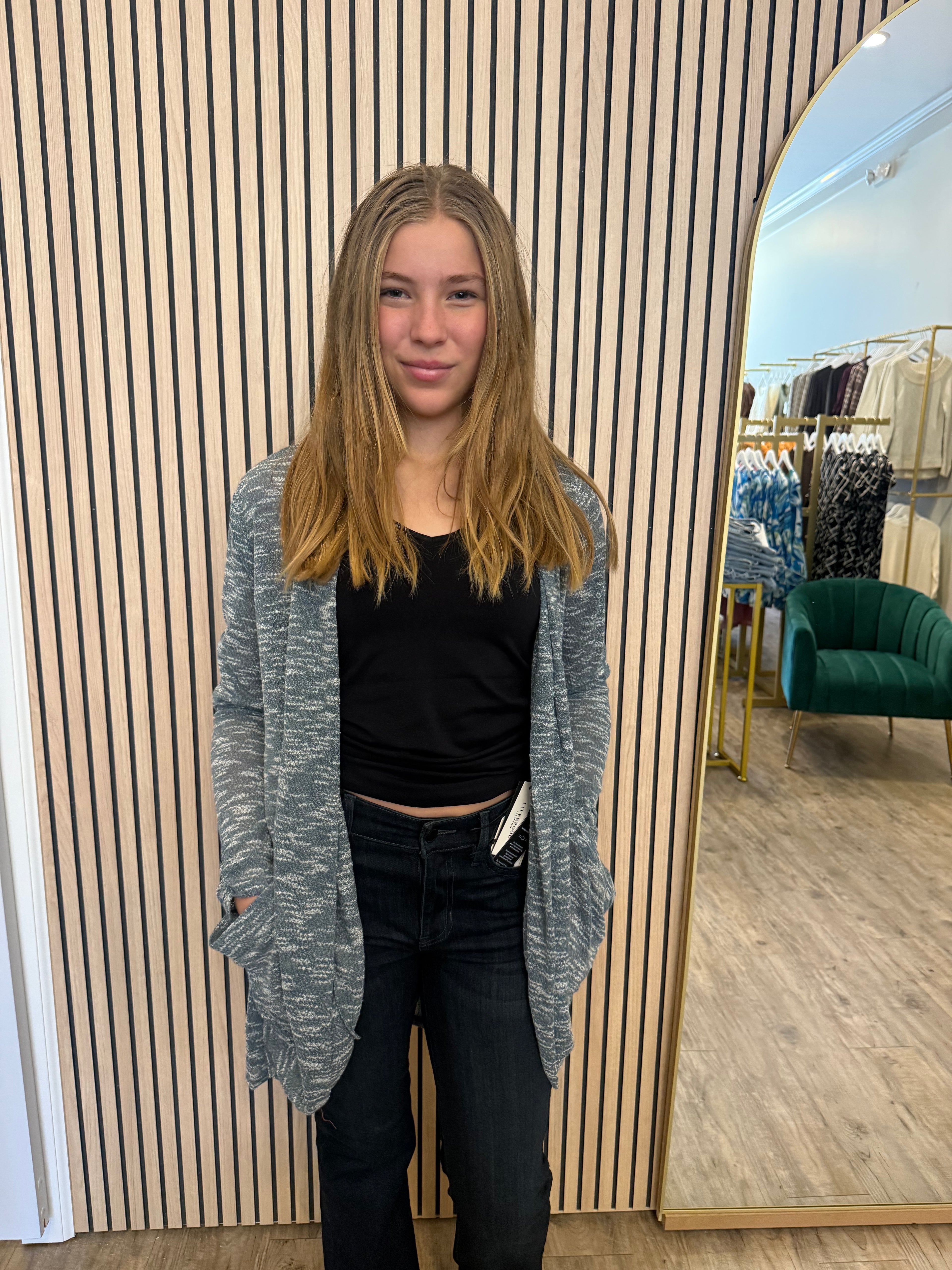 SHIRRED CARDIGAN TWO-TONE