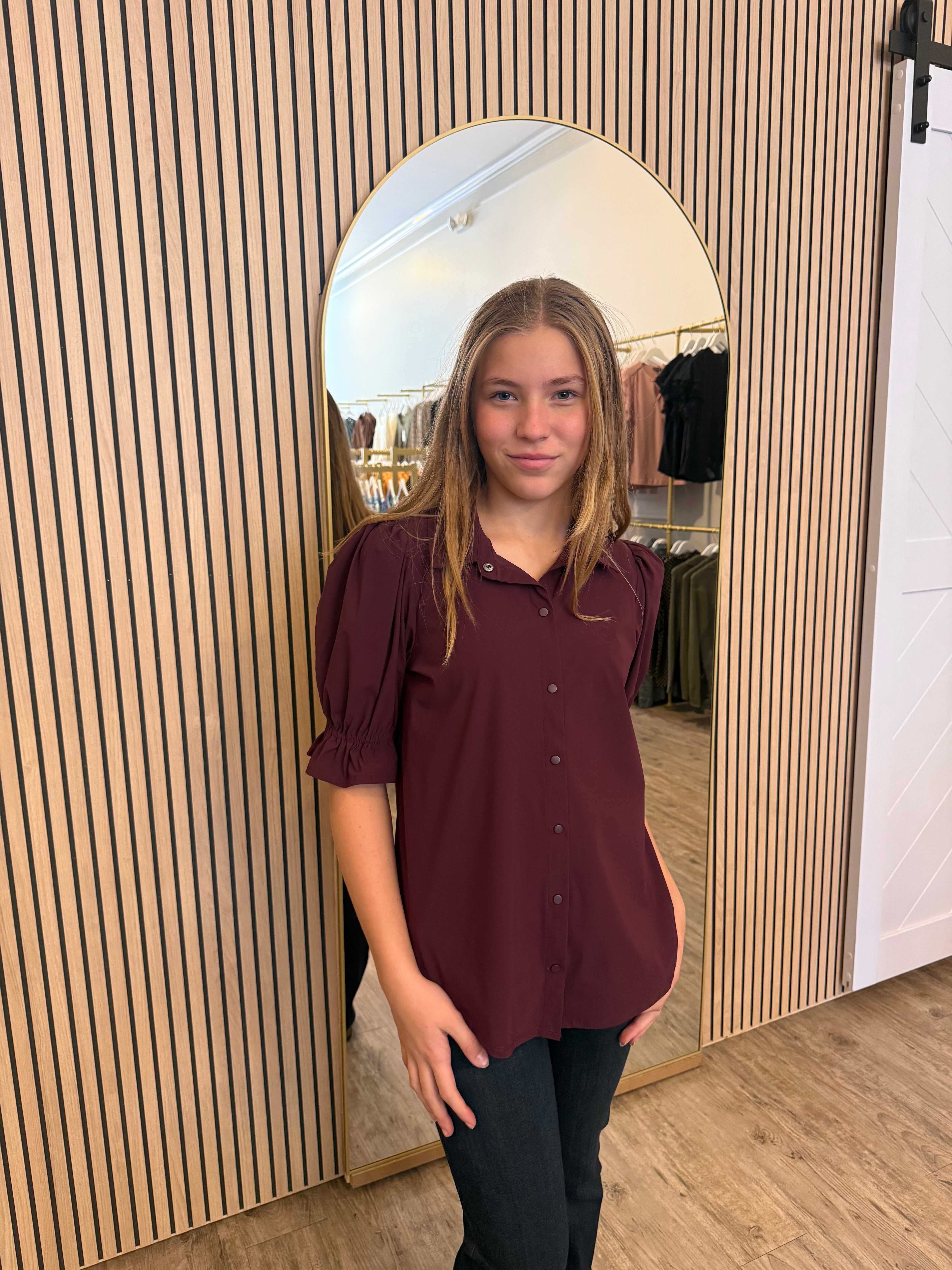 Elbow Puff Sleeve Snap Front Knit Shirt- Liverpool