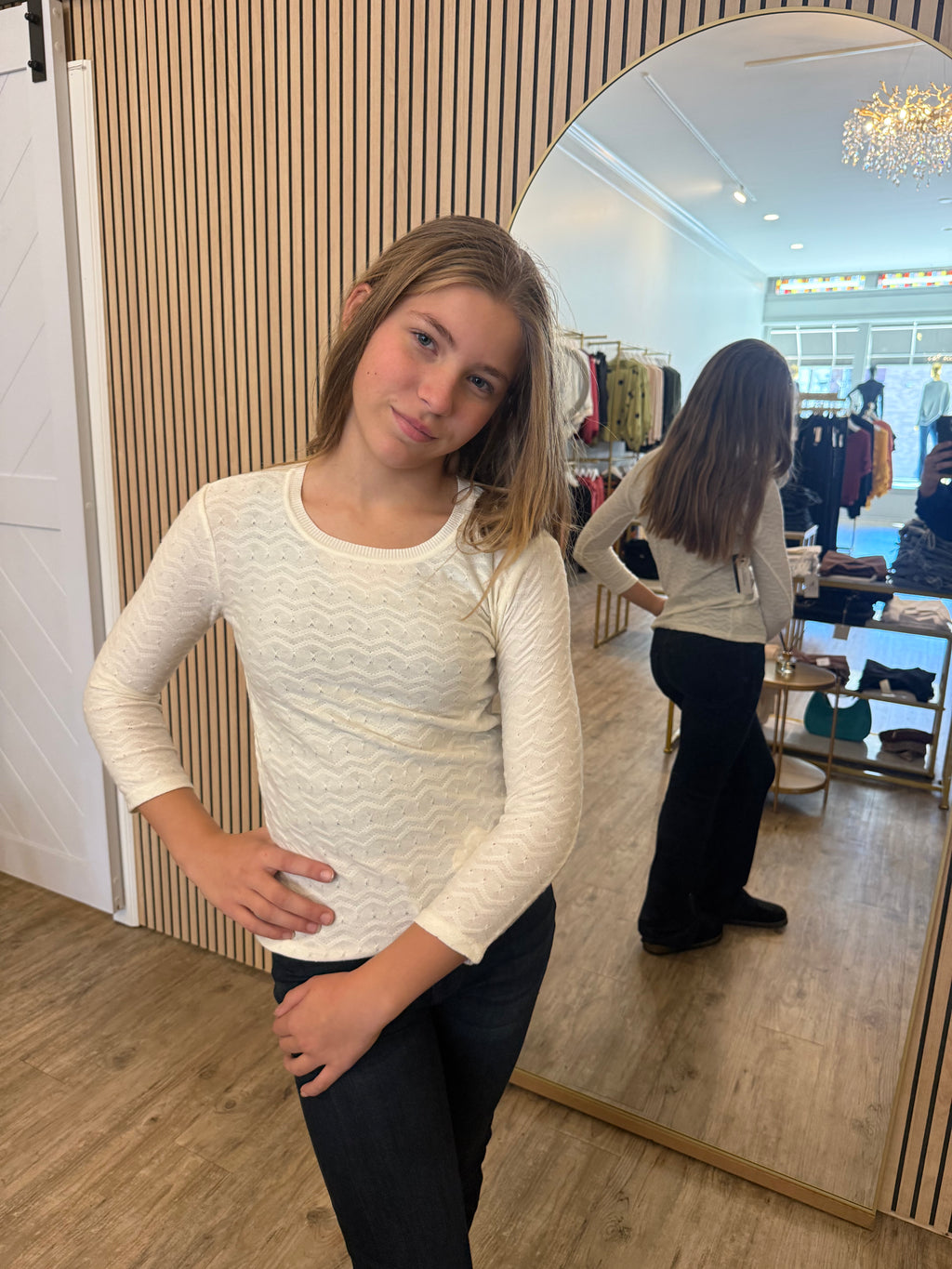 3/4 Sleve Crew Neck Knit Top With Rib Trim- Liverpool