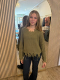 Olive Distressed Chunky Knit Sweater