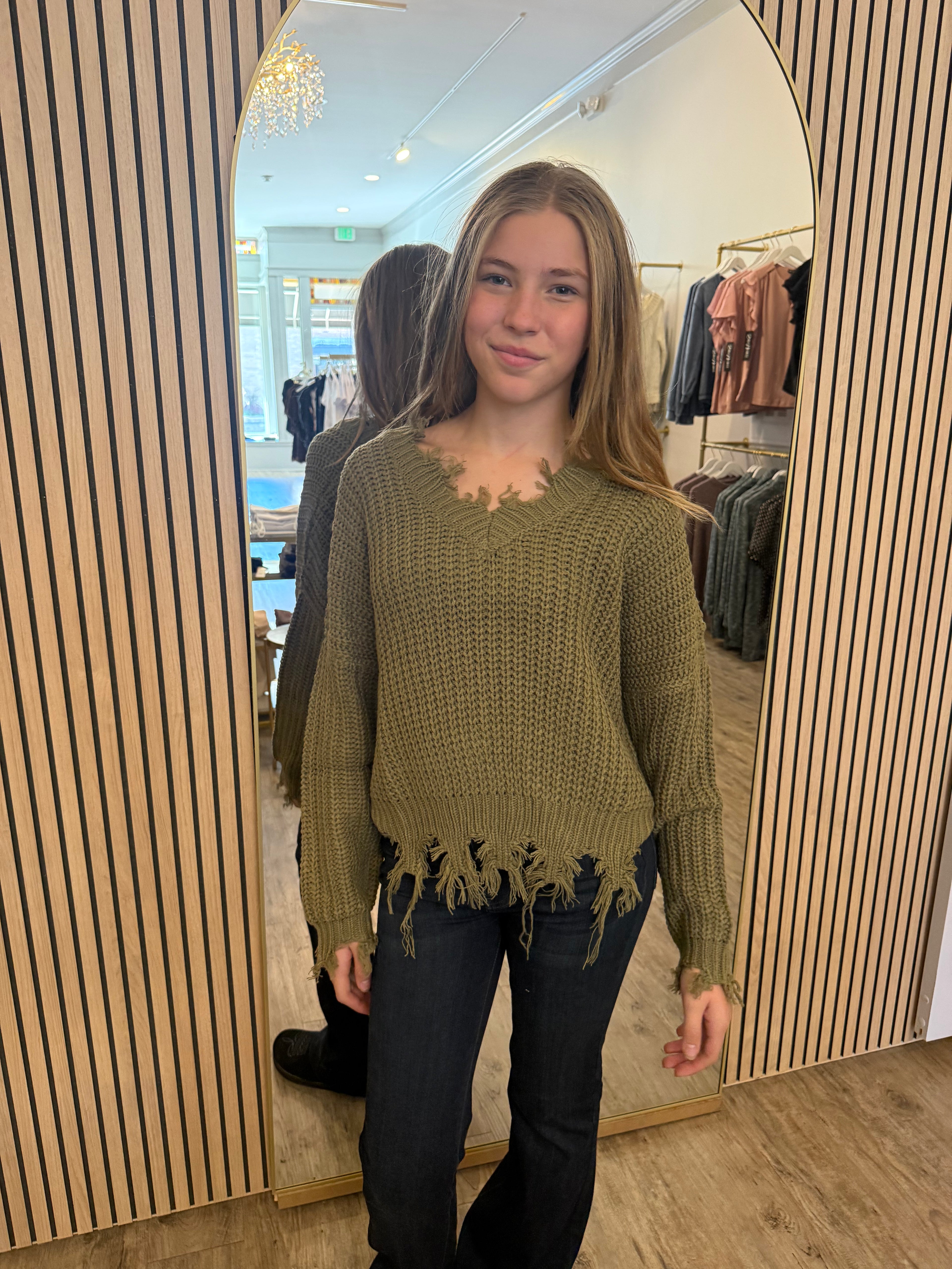 Olive Distressed Chunky Knit Sweater