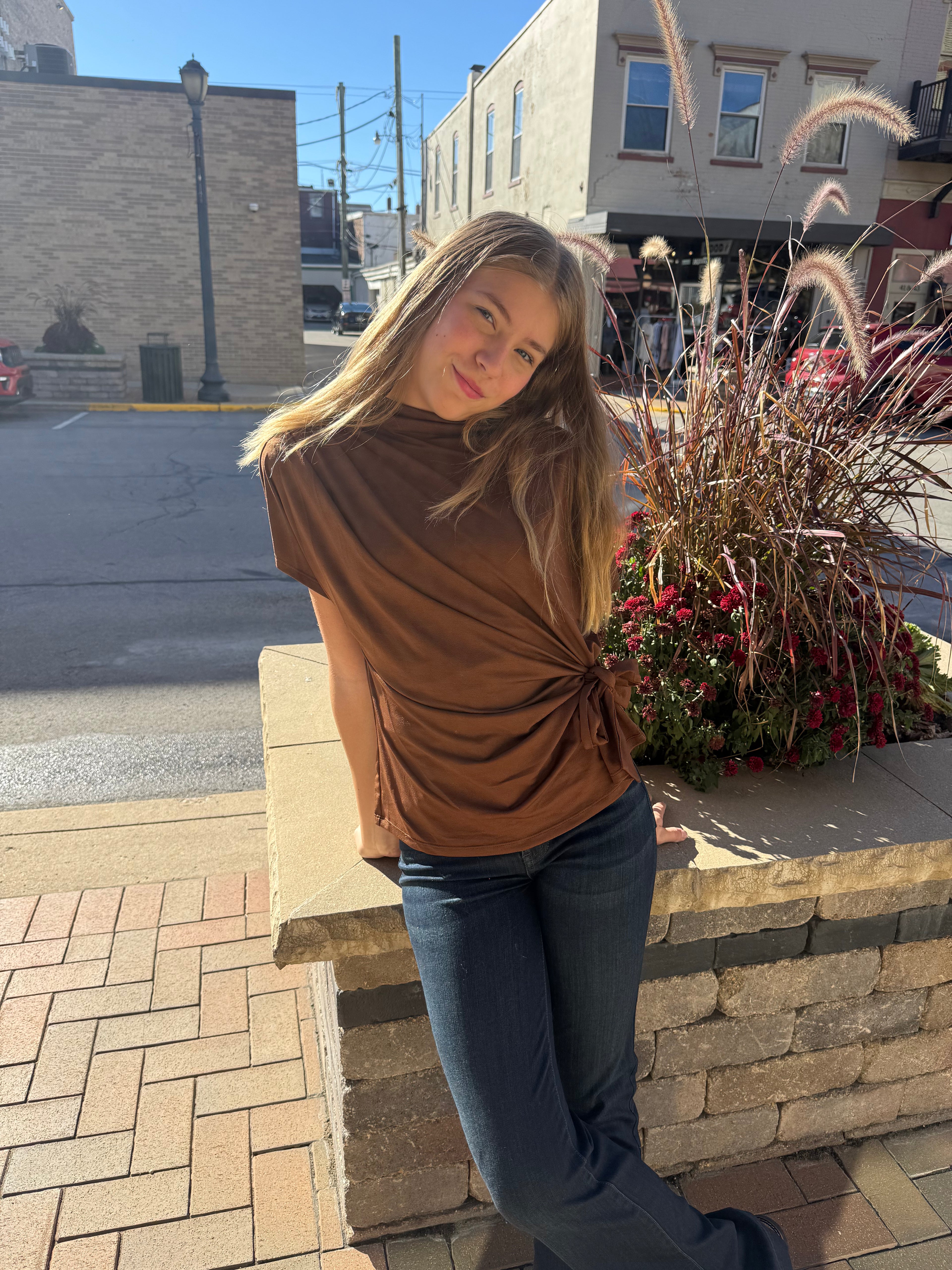 Side Tie Mock Neck Top