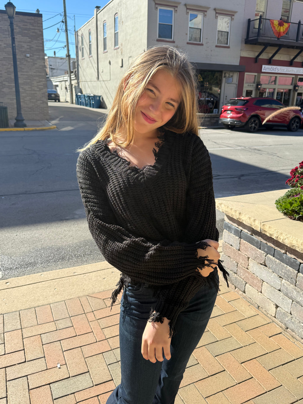 Black Distressed Knit V-Neck Sweater