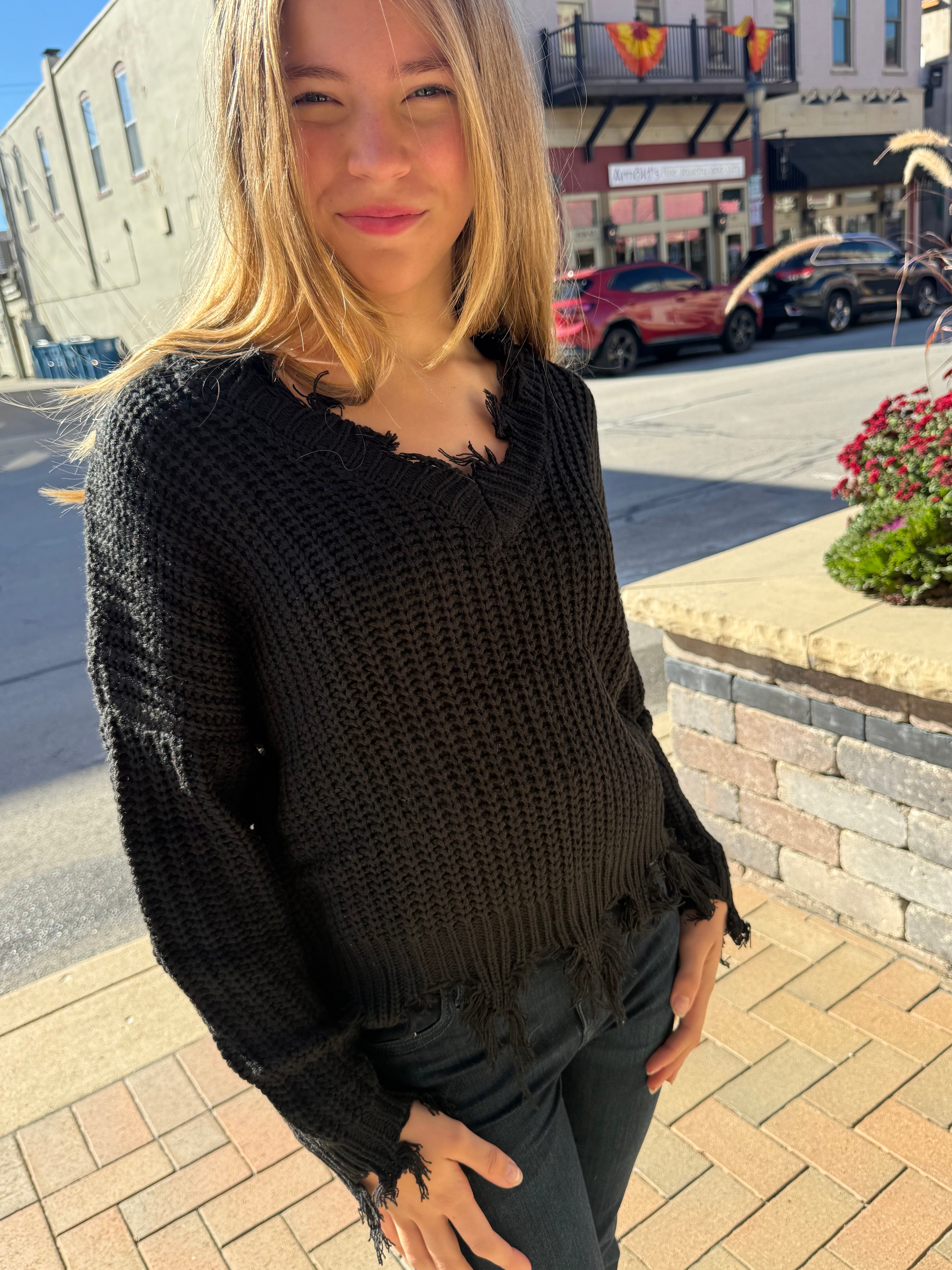Black Distressed Knit V-Neck Sweater
