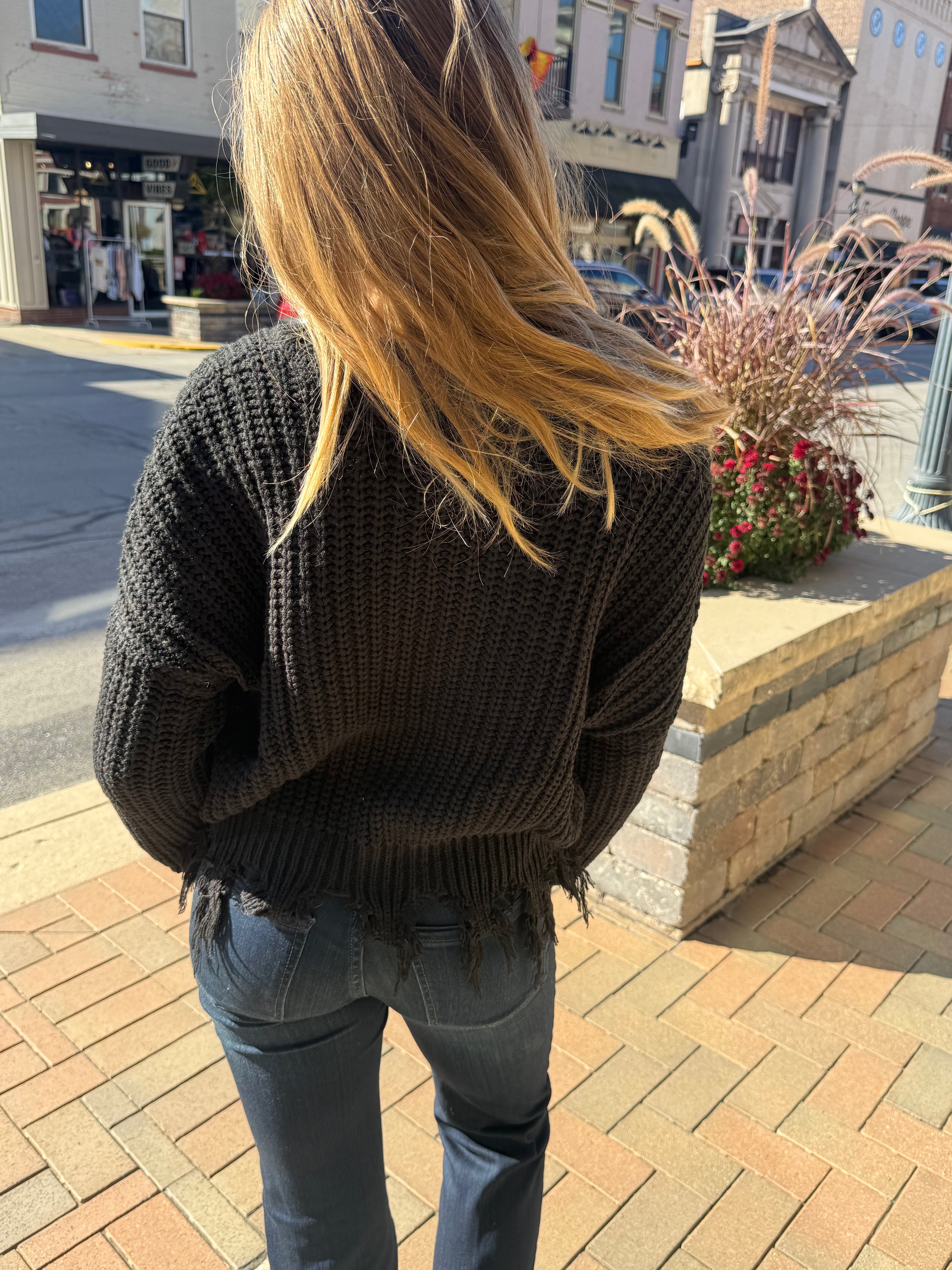Black Distressed Knit V-Neck Sweater
