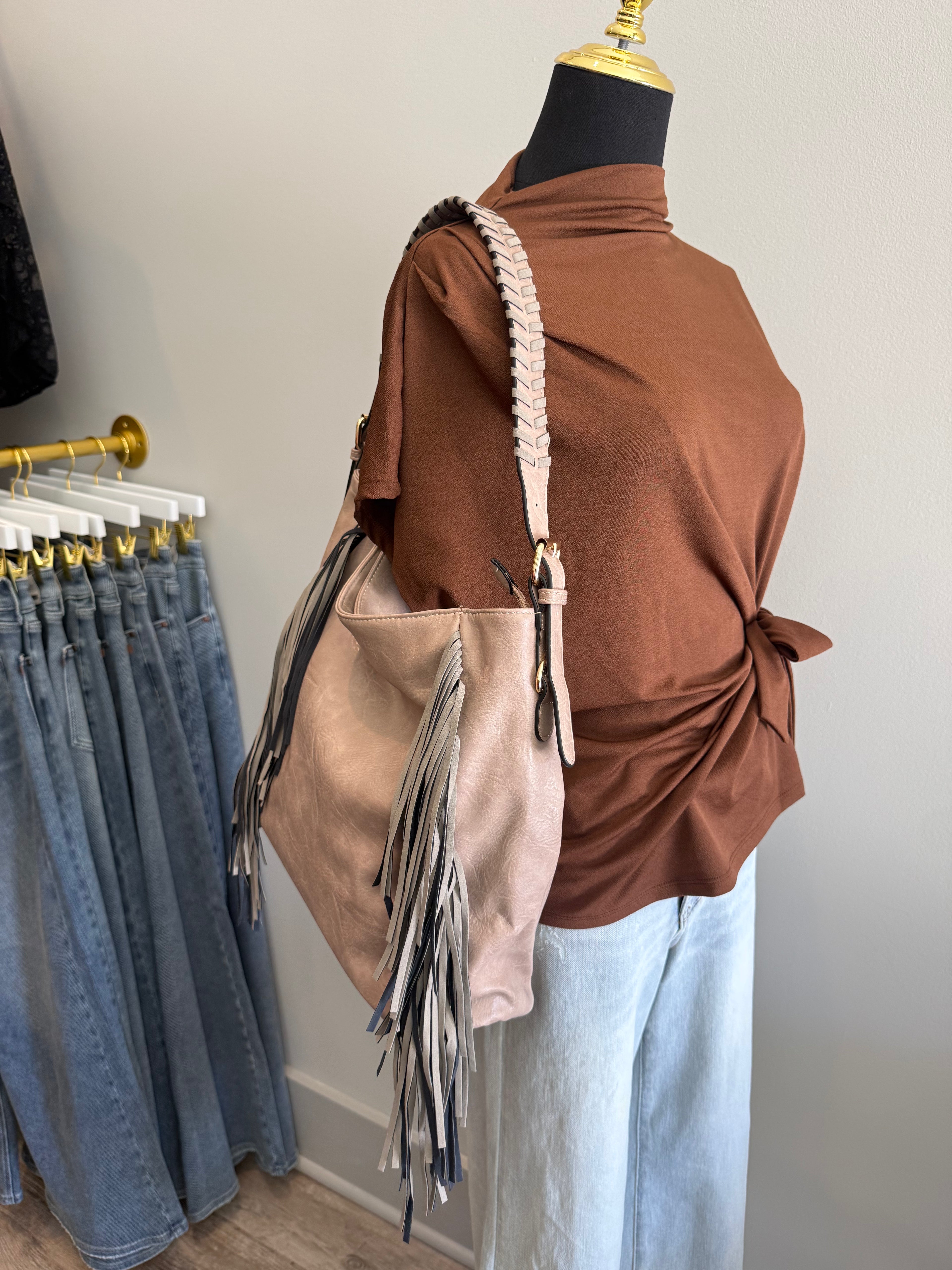 Sav Distressed Hobo Bag w/ Fringe Detail