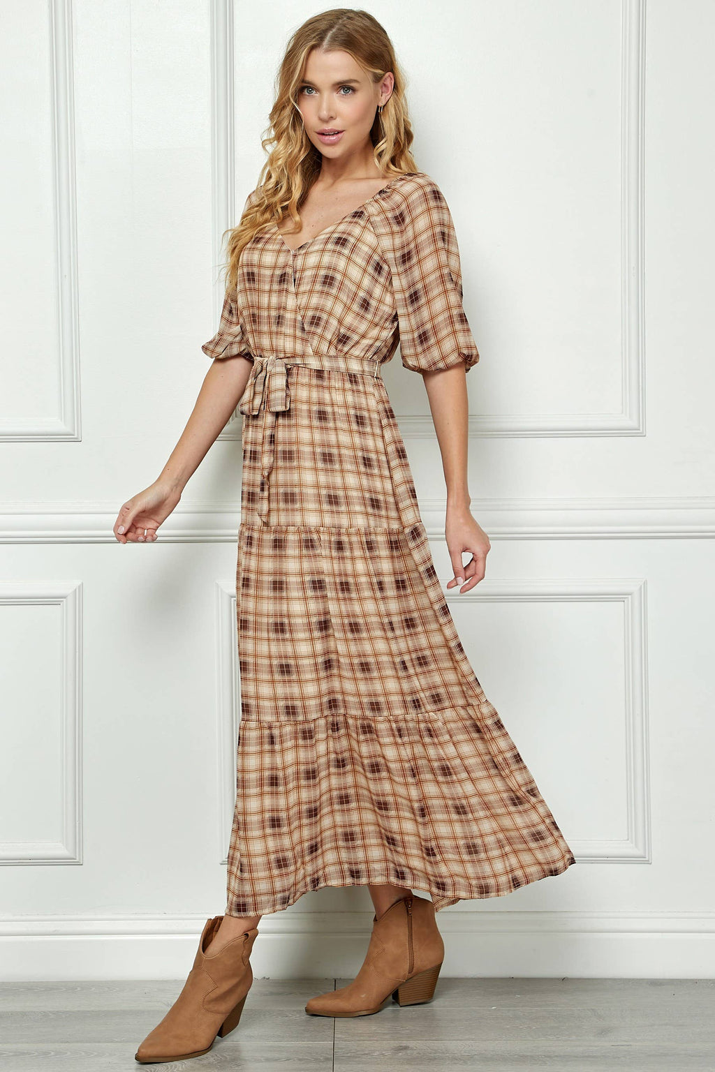3/4 SIDE TIE RUFFLE HEM MAXI DRESS