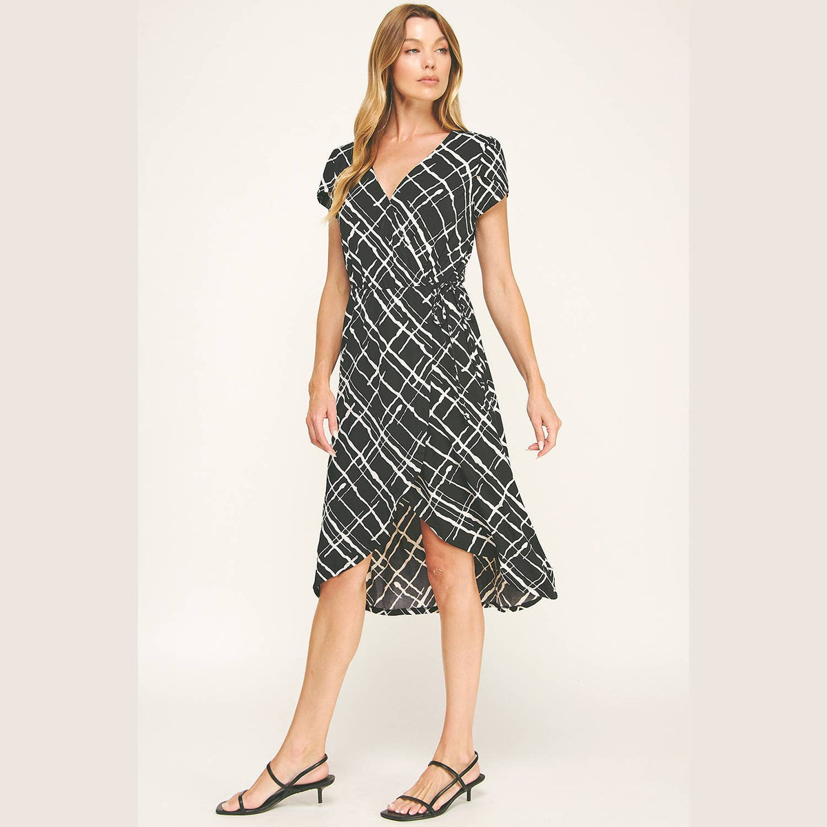 DAY TO NIGHT FAUX WRAP MIDI DRESS