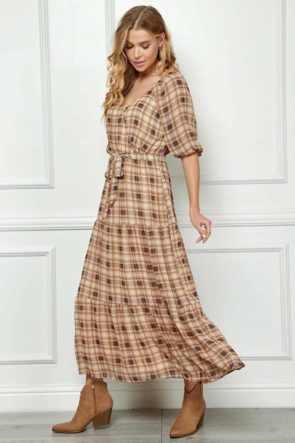 3/4 SIDE TIE RUFFLE HEM MAXI DRESS