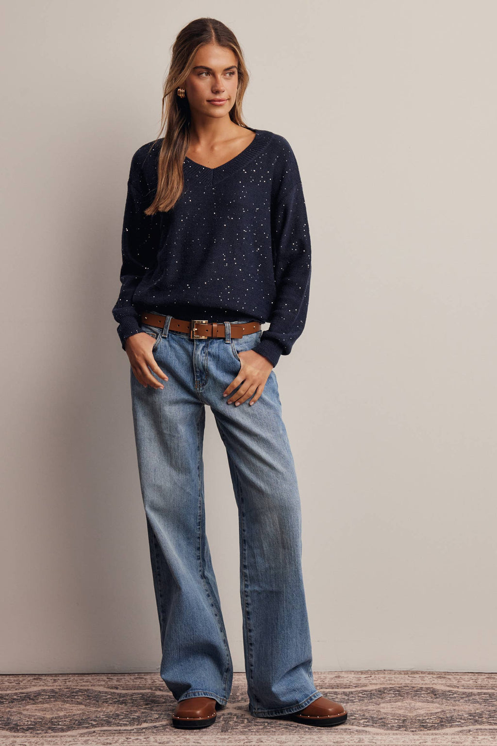 Sequin Embellished V-Neck Knit Sweater