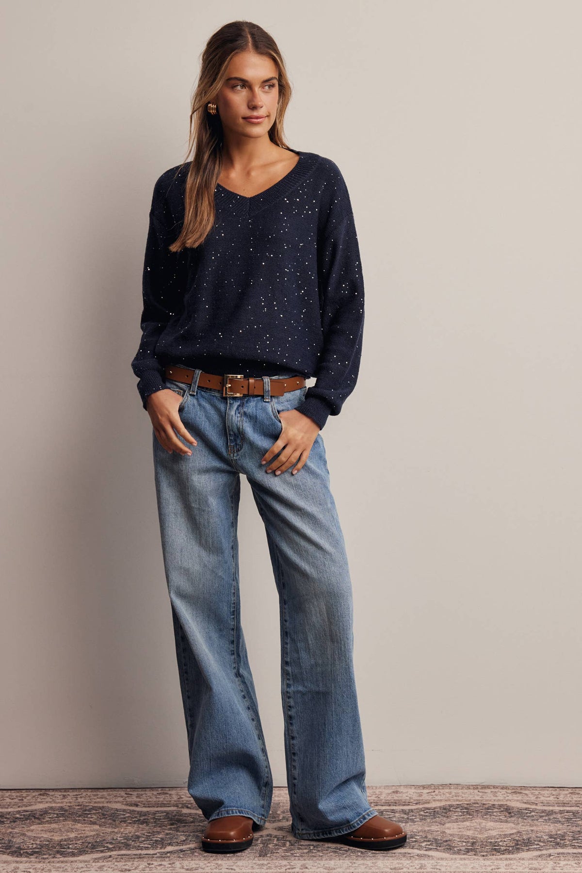 Sequin Embellished V-Neck Knit Sweater