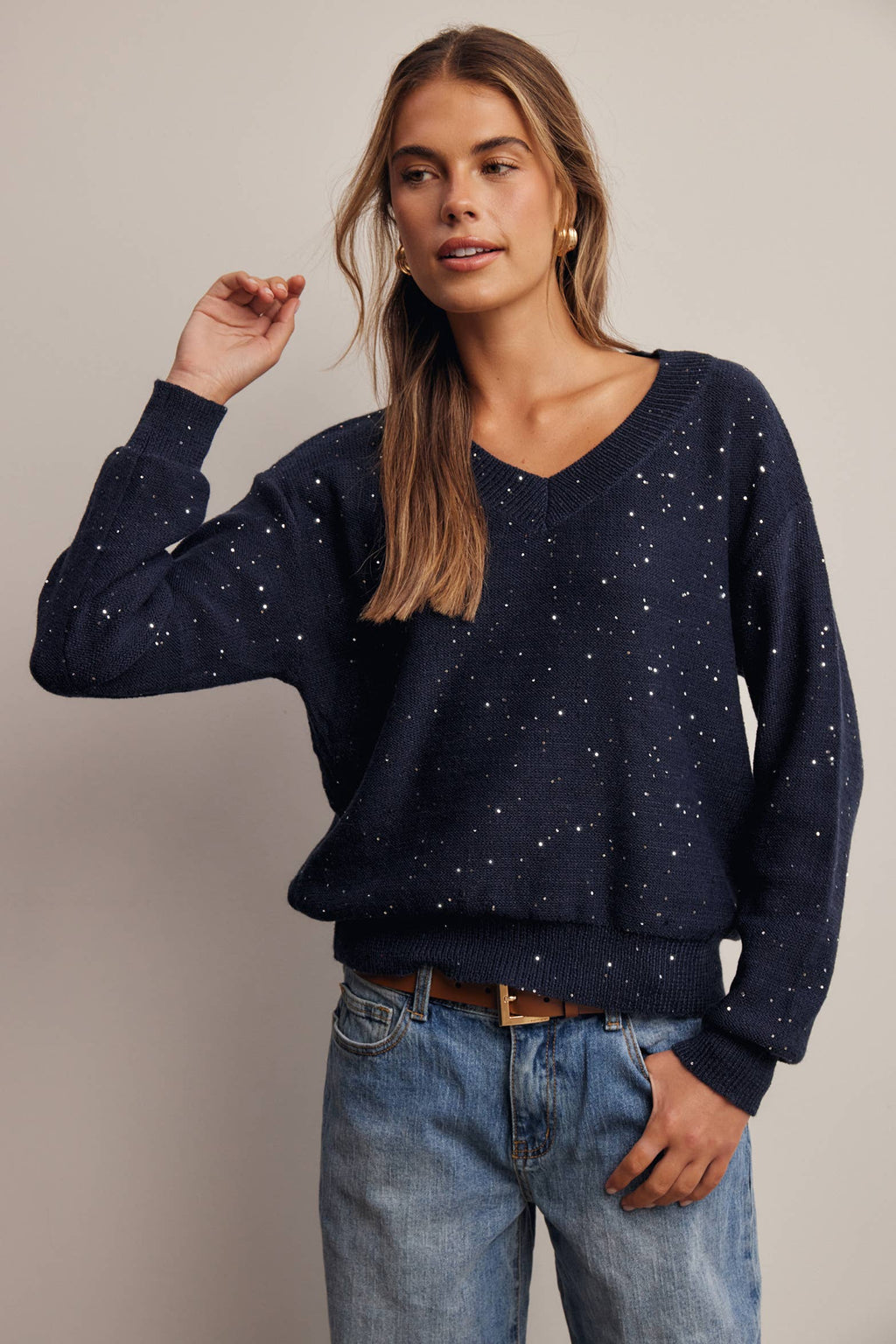Sequin Embellished V-Neck Knit Sweater