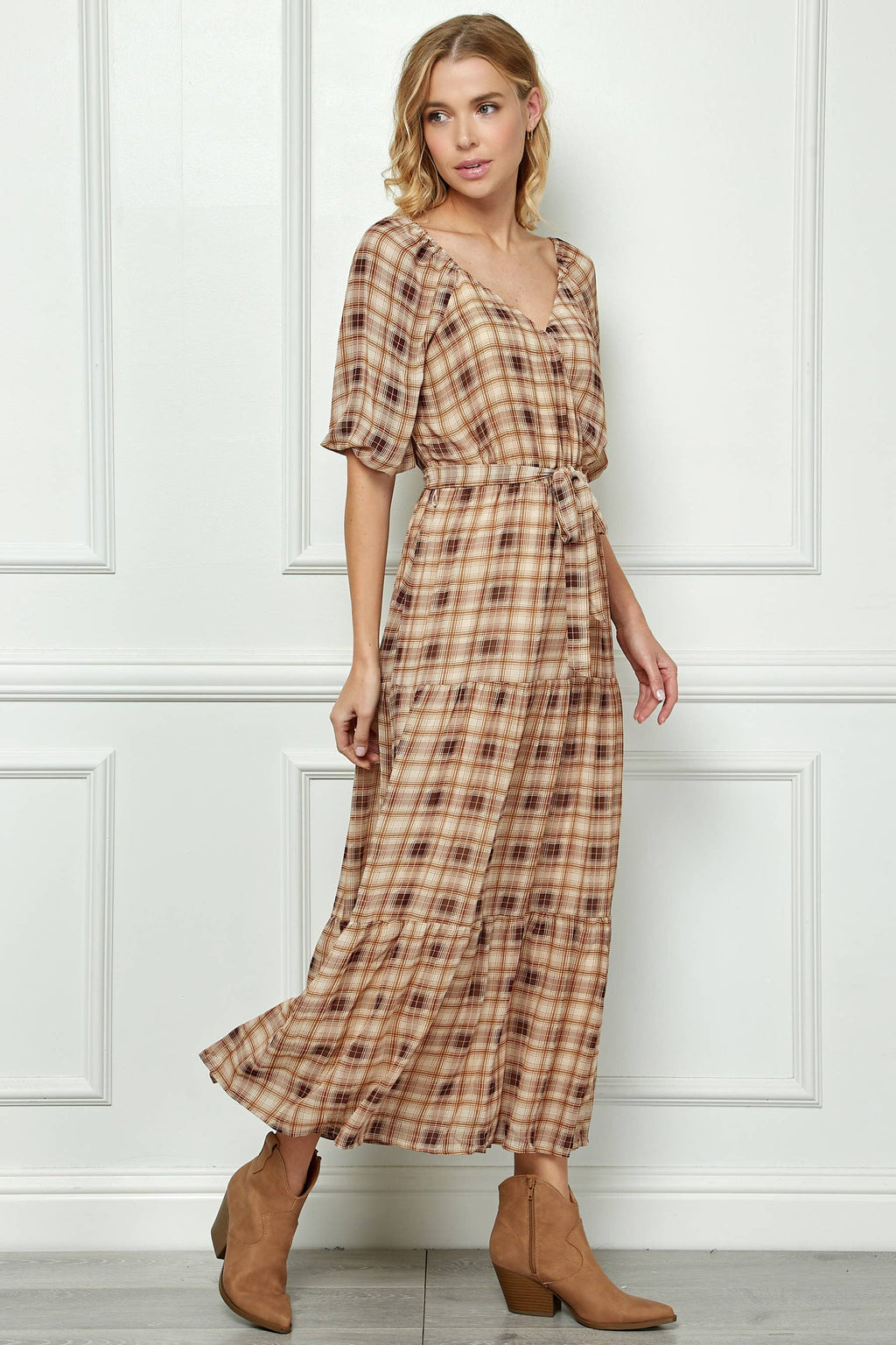 3/4 SIDE TIE RUFFLE HEM MAXI DRESS