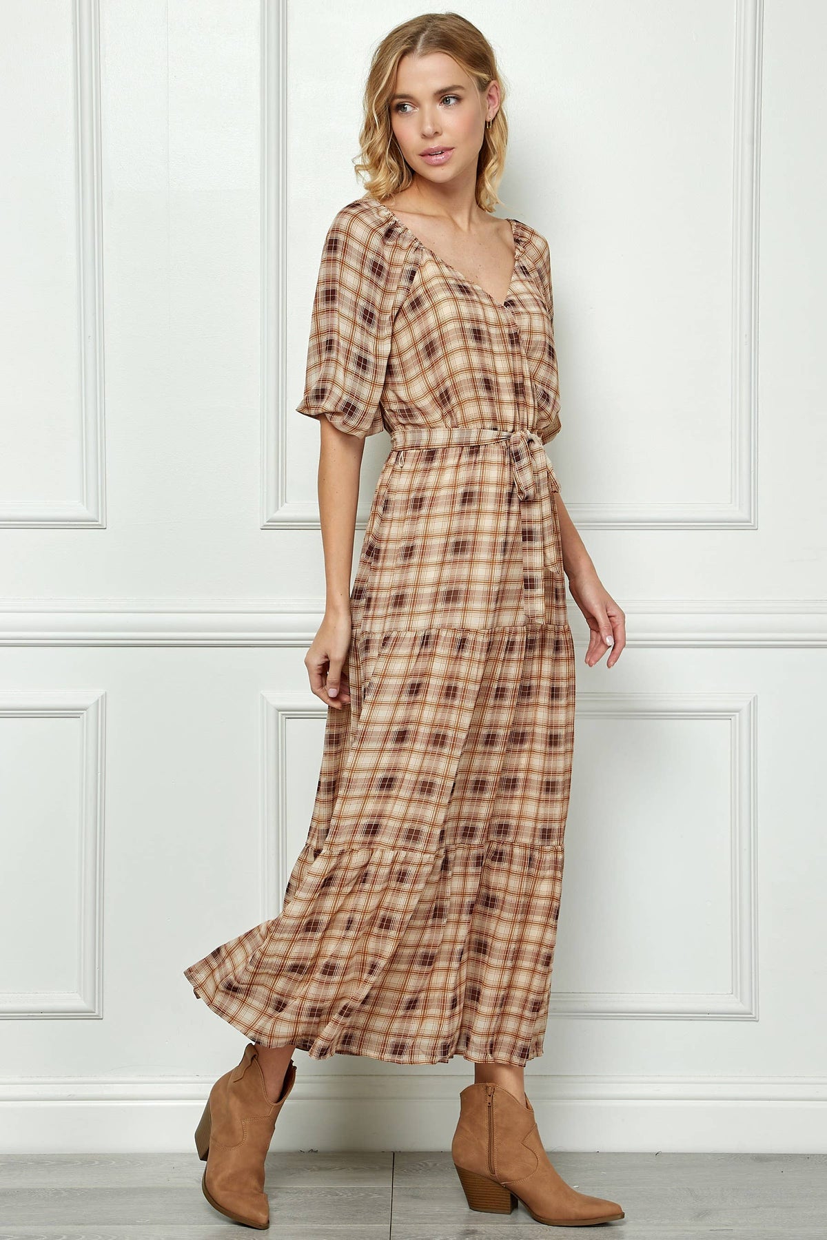3/4 SIDE TIE RUFFLE HEM MAXI DRESS