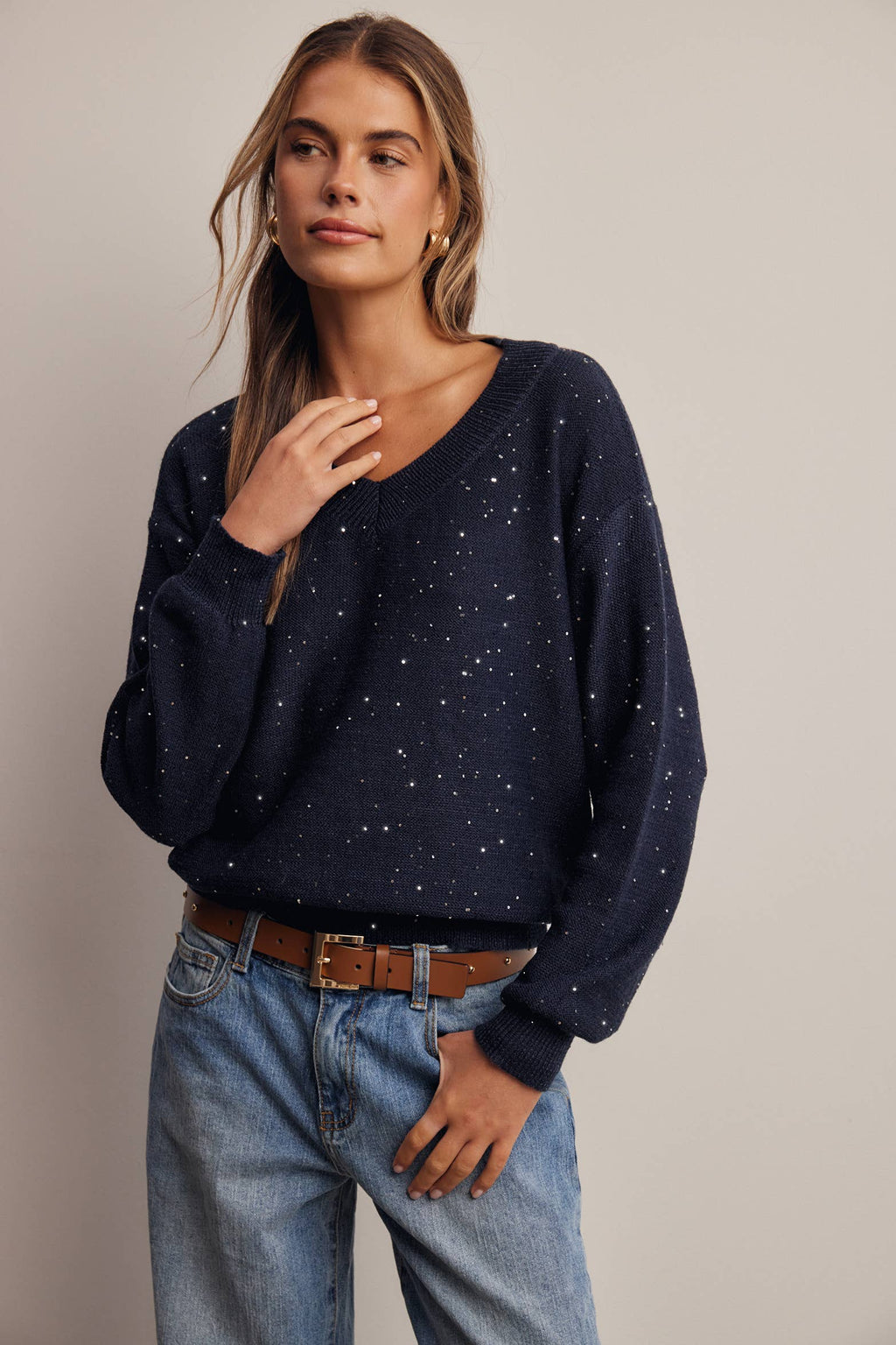 Sequin Embellished V-Neck Knit Sweater