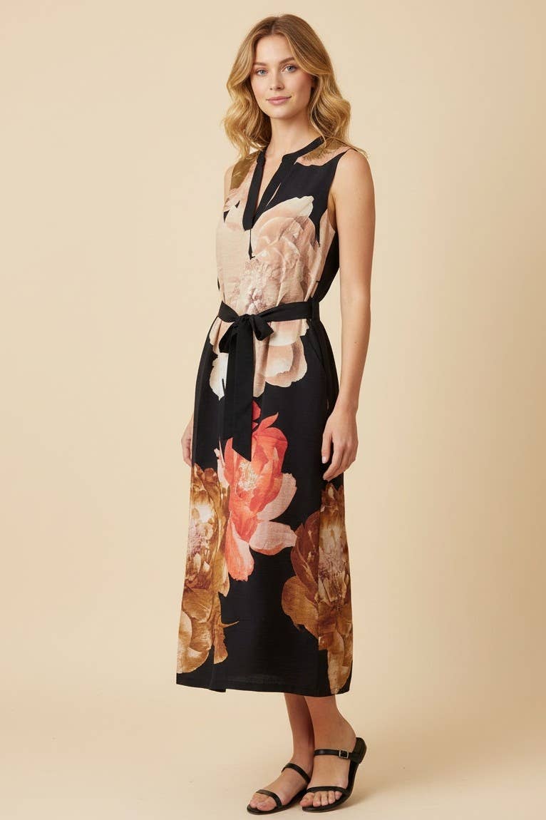 Floral Print Midi Dress/Tie Waist
