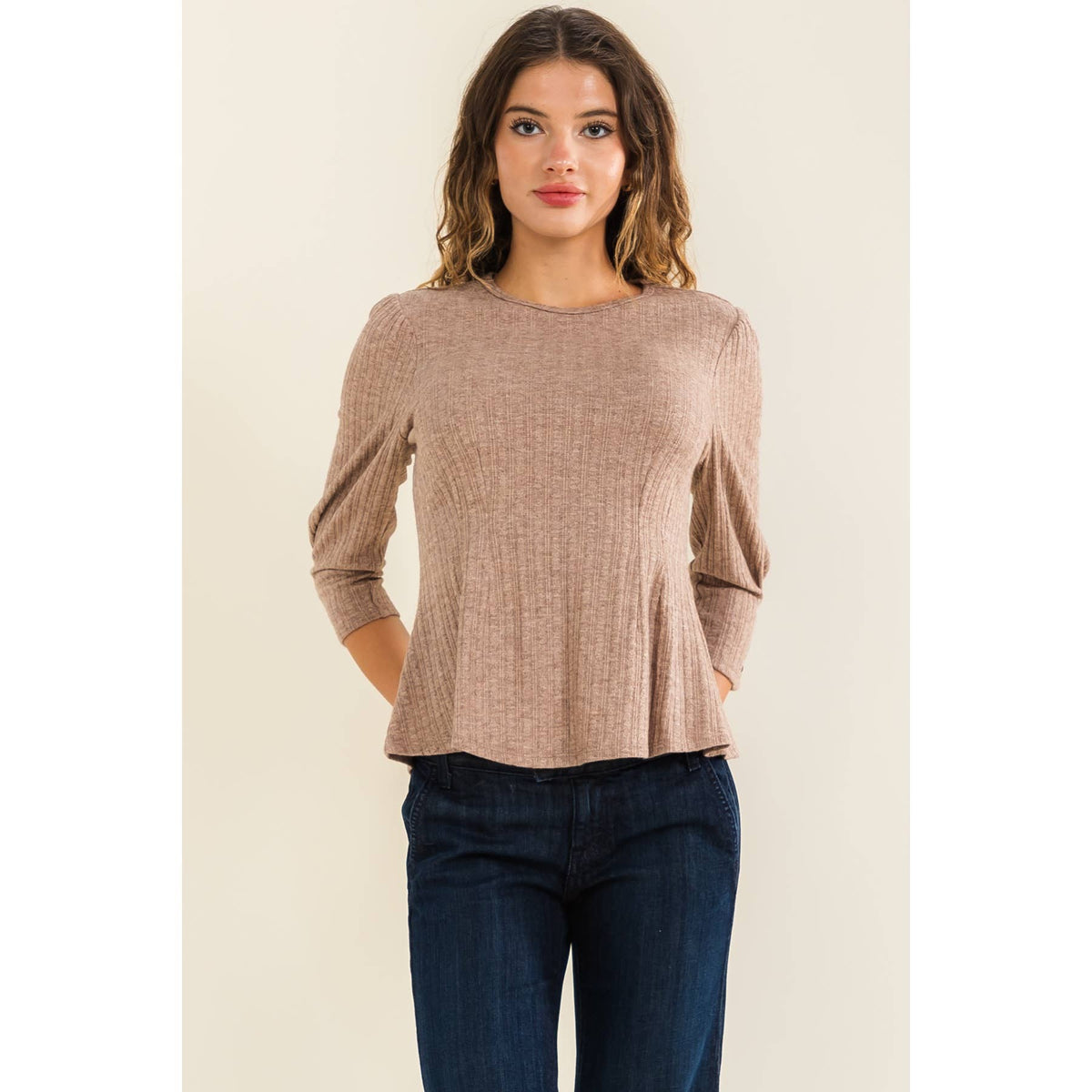 PEPLUM BUTTON SLEEVE TOP