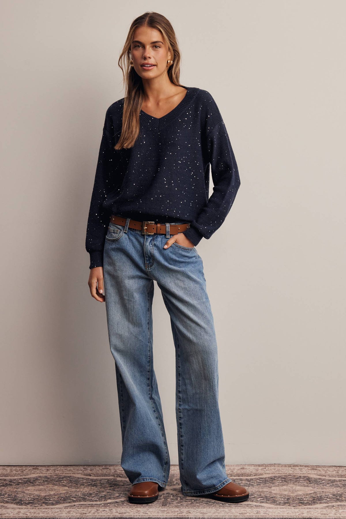 Sequin Embellished V-Neck Knit Sweater