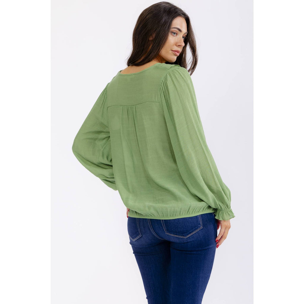 Gauze Ruffle Drawstring Blouse