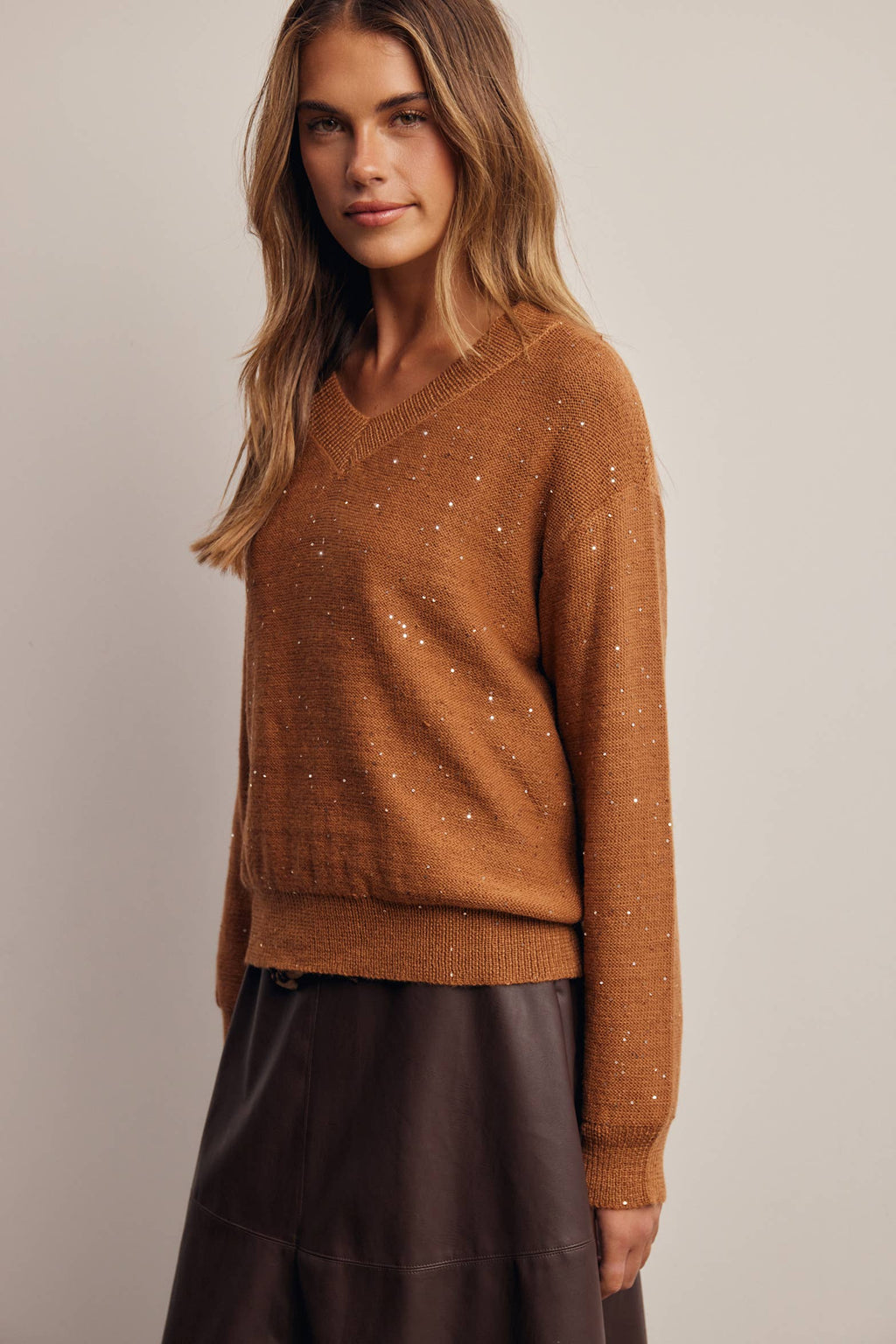 Sequin Embellished V-Neck Knit Sweater